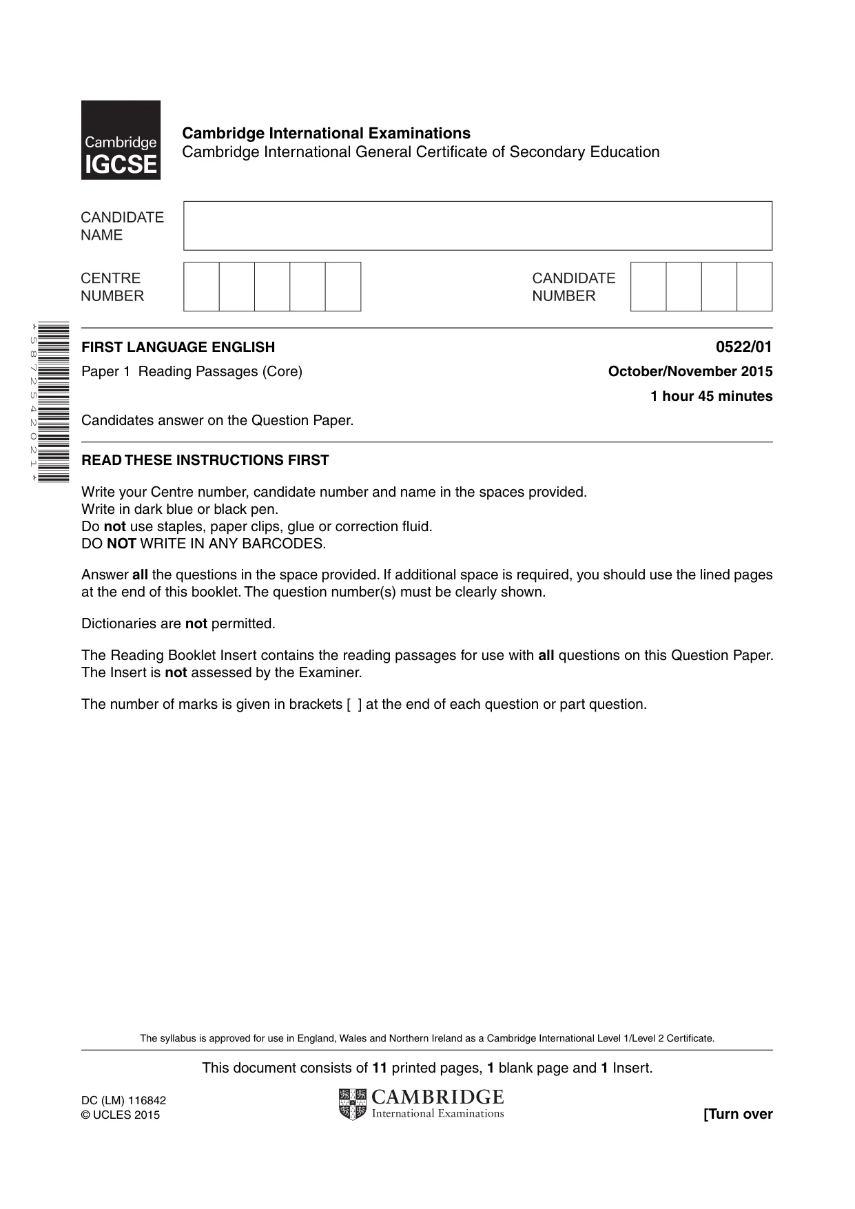 Cambridge IGCSE English - First Language (UK) 0522 2015 Oct/Nov Paper 1 · Variant 1 question paper, page 1 of 12