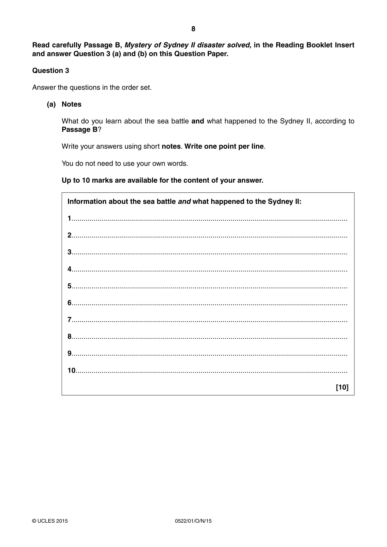 Cambridge IGCSE English - First Language (UK) 0522 2015 Oct/Nov Paper 1 · Variant 1 question paper, page 8 of 12
