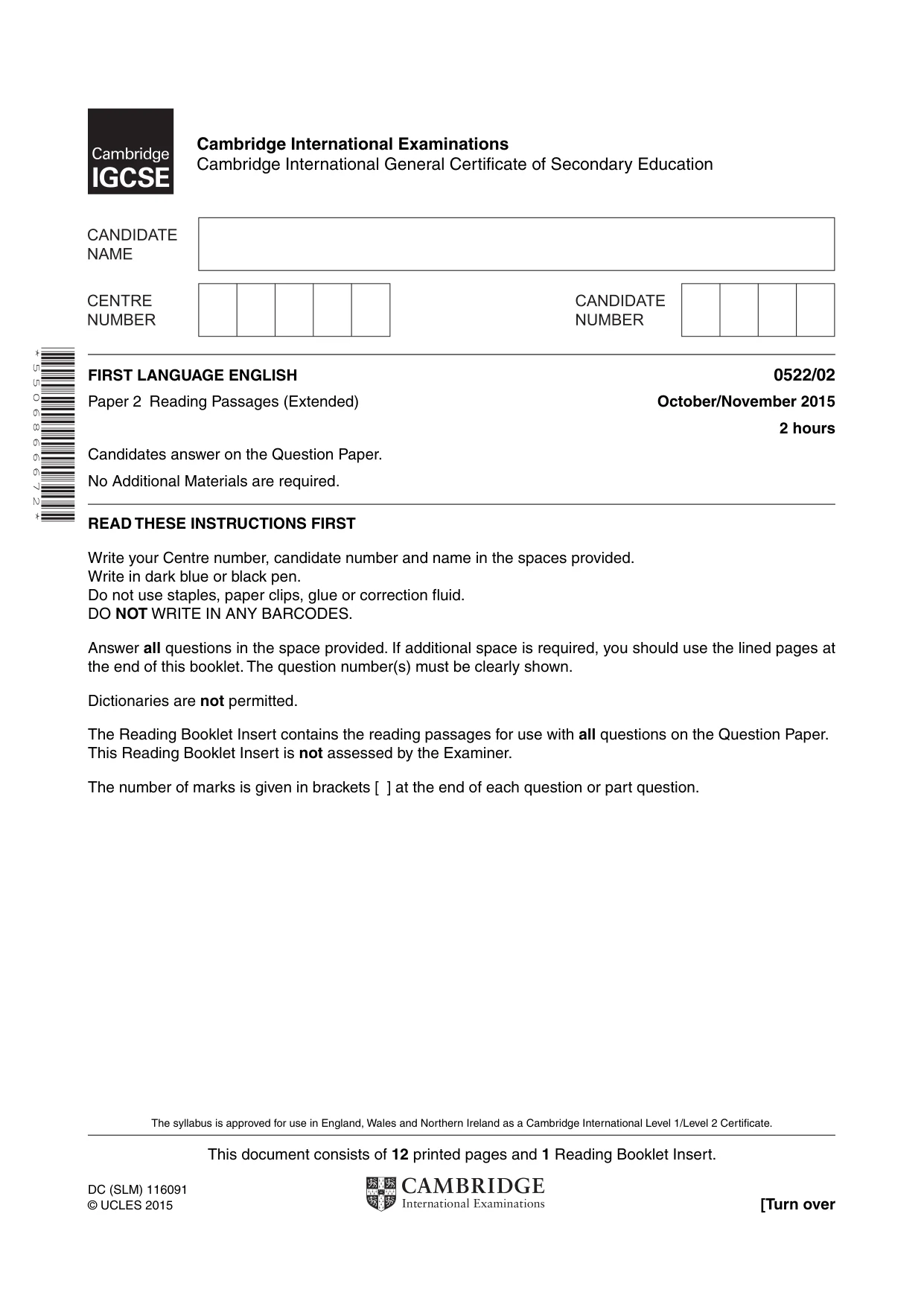 Cambridge IGCSE English - First Language (UK) 0522 2015 Oct/Nov Paper 2 · Variant 1 question paper, page 1 of 12