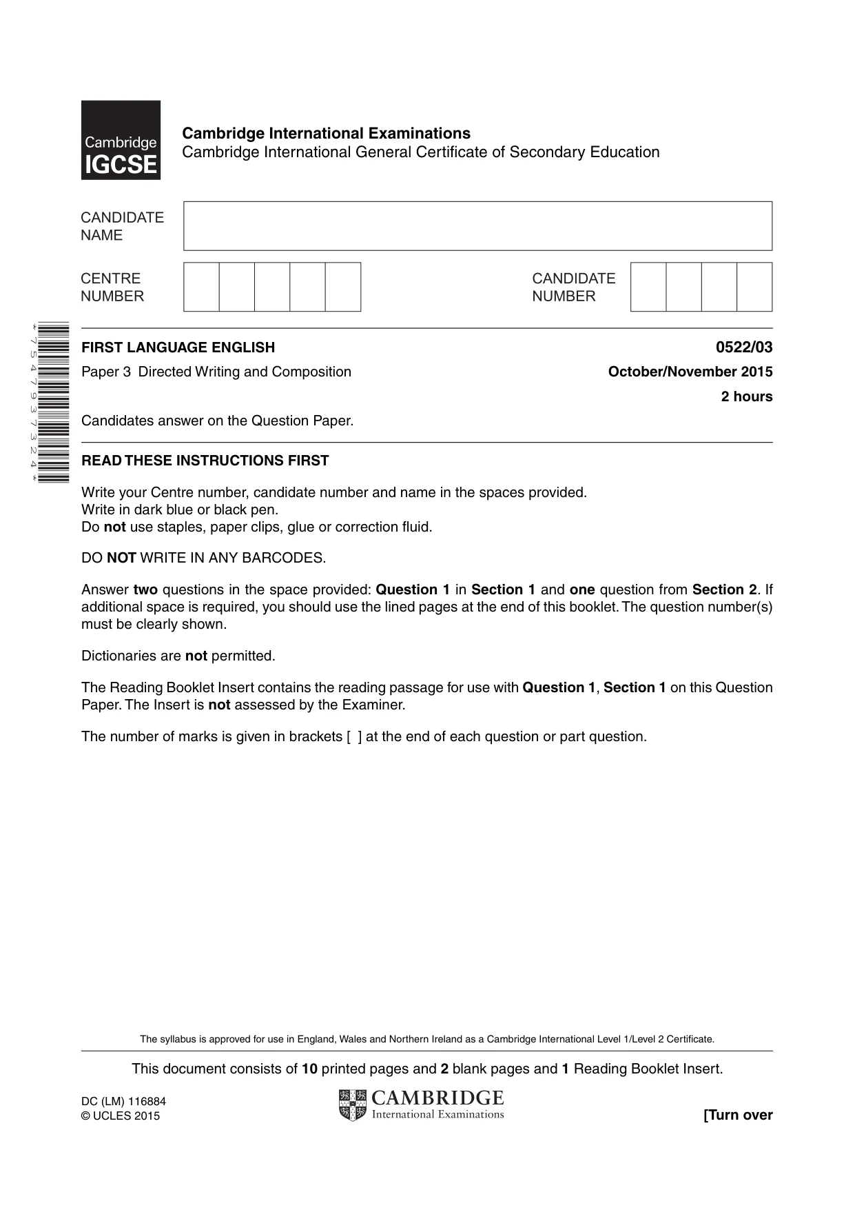 Cambridge IGCSE English - First Language (UK) 0522 2015 Oct/Nov Paper 3 · Variant 1 question paper, page 1 of 12