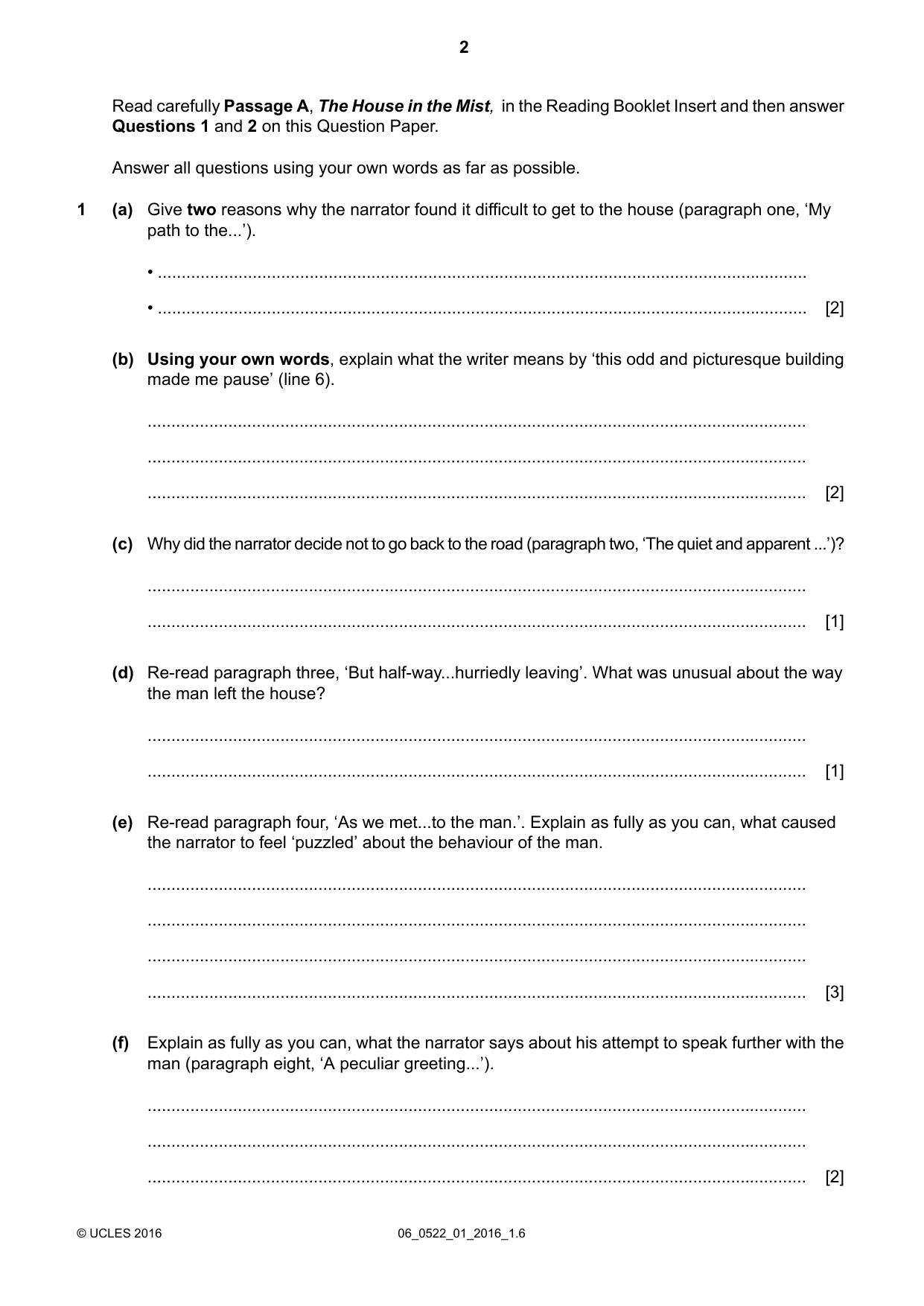 Cambridge IGCSE English - First Language (UK) 0522 2016 May/June Paper 1 · Variant 0 question paper, page 2 of 12