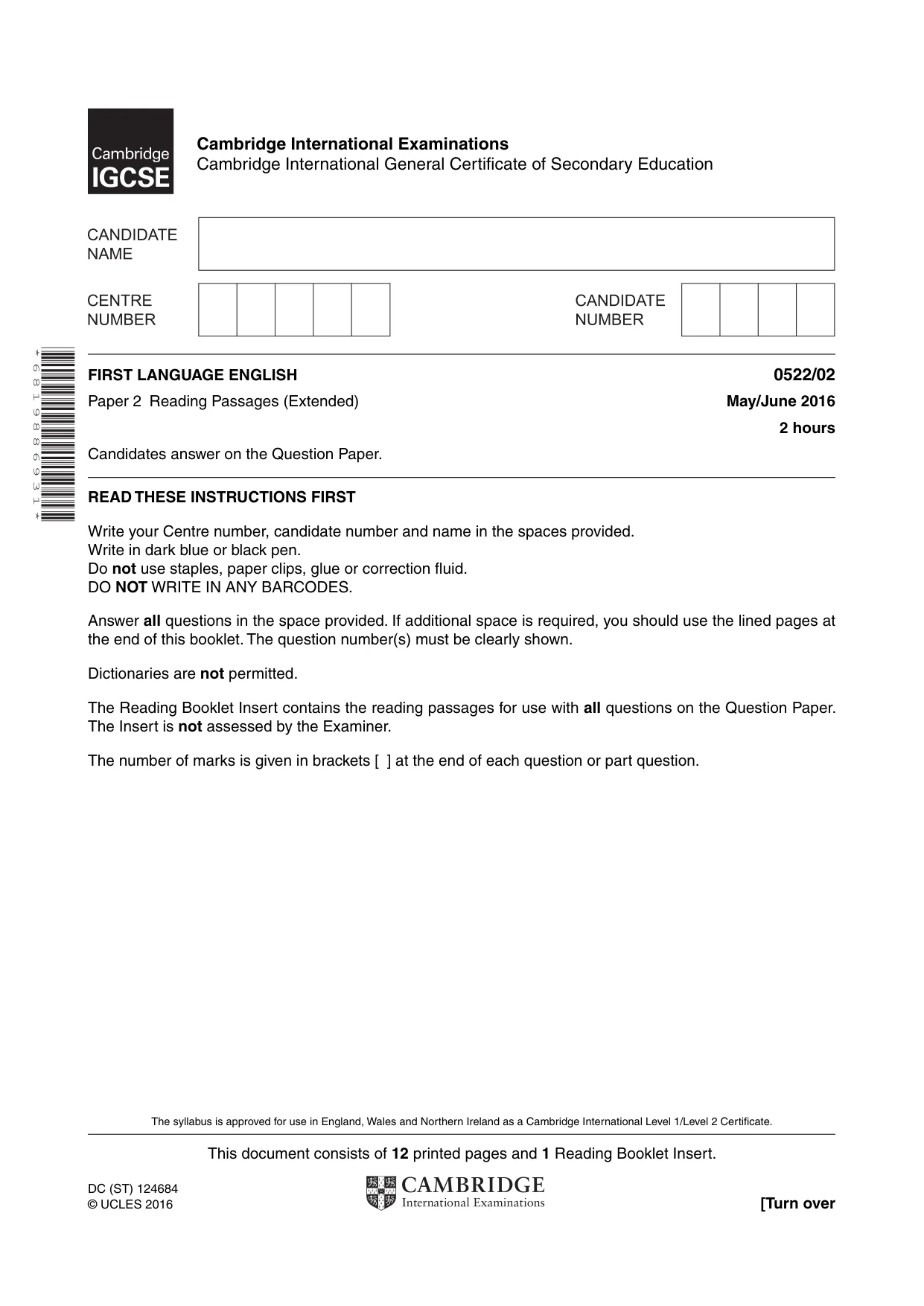 Cambridge IGCSE English - First Language (UK) 0522 2016 May/June Paper 2 · Variant 0 question paper, page 1 of 12