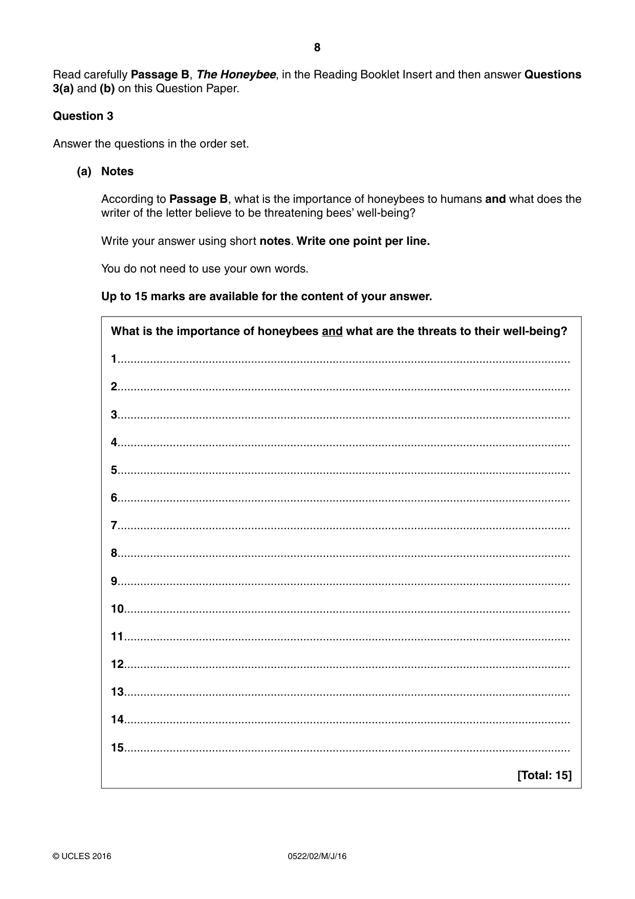 Cambridge IGCSE English - First Language (UK) 0522 2016 May/June Paper 2 · Variant 0 question paper, page 8 of 12