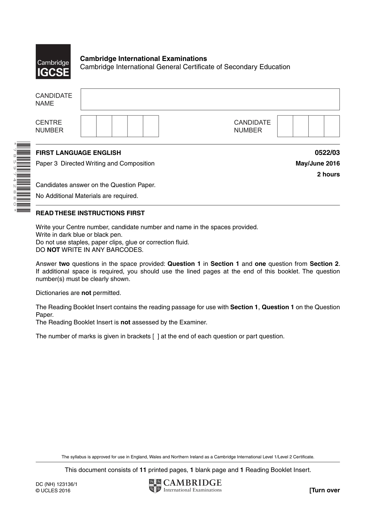 Cambridge IGCSE English - First Language (UK) 0522 2016 May/June Paper 3 · Variant 0 question paper, page 1 of 12