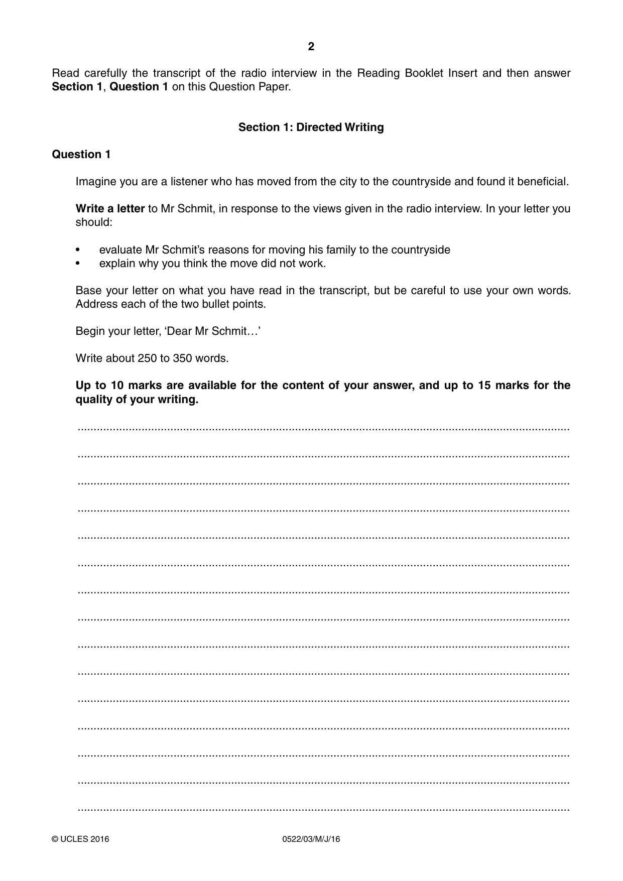 Cambridge IGCSE English - First Language (UK) 0522 2016 May/June Paper 3 · Variant 0 question paper, page 2 of 12