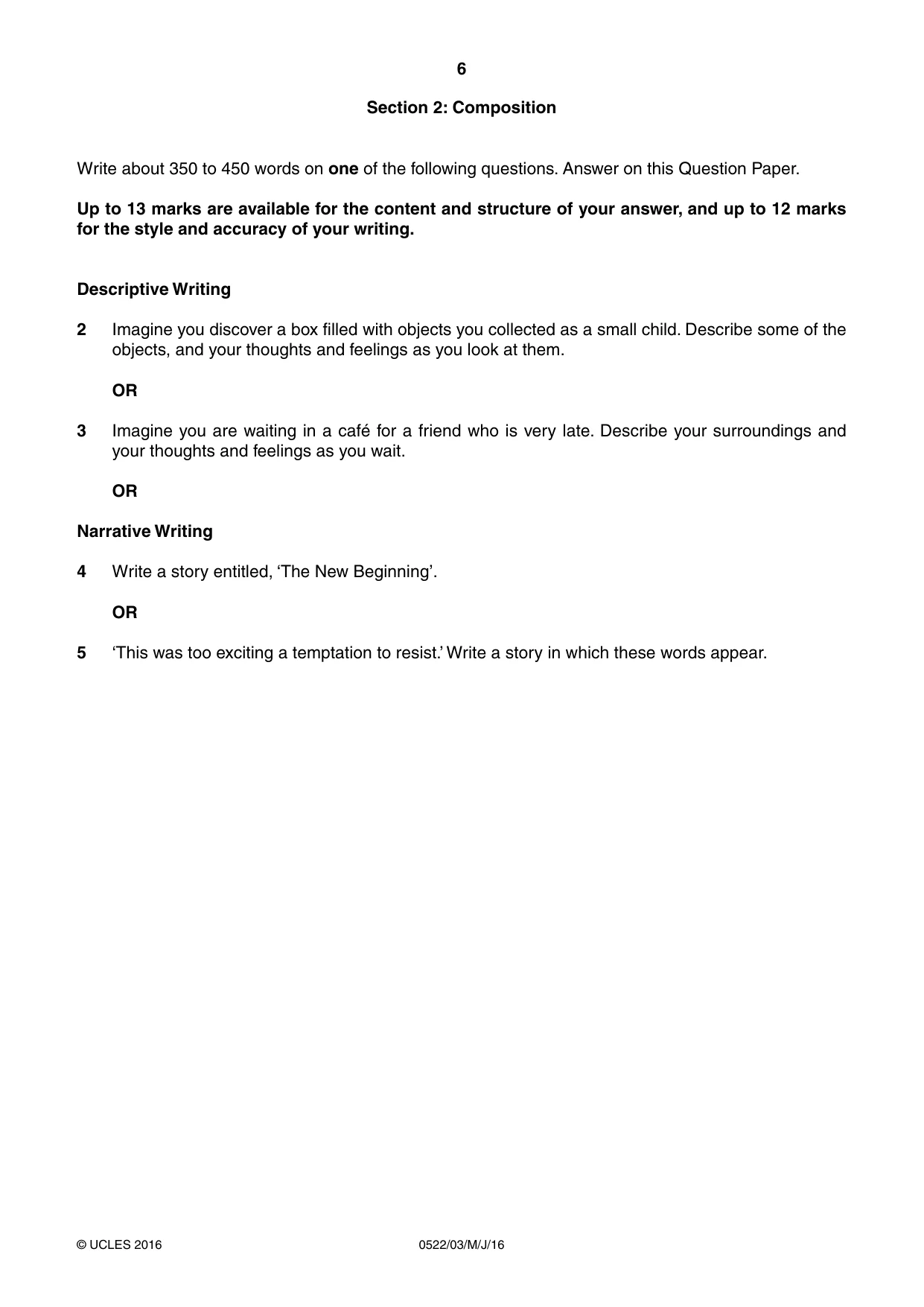 Cambridge IGCSE English - First Language (UK) 0522 2016 May/June Paper 3 · Variant 0 question paper, page 6 of 12