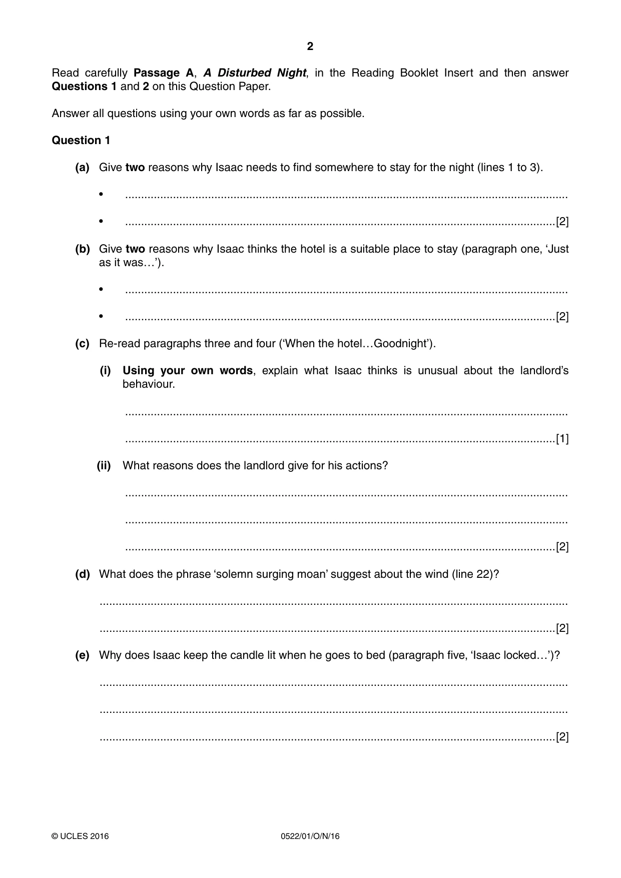 Cambridge IGCSE English - First Language (UK) 0522 2016 Oct/Nov Paper 1 · Variant 1 question paper, page 2 of 12