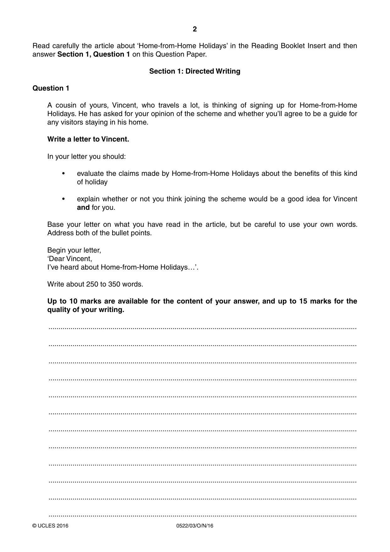 Cambridge IGCSE English - First Language (UK) 0522 2016 Oct/Nov Paper 3 · Variant 1 question paper, page 2 of 12