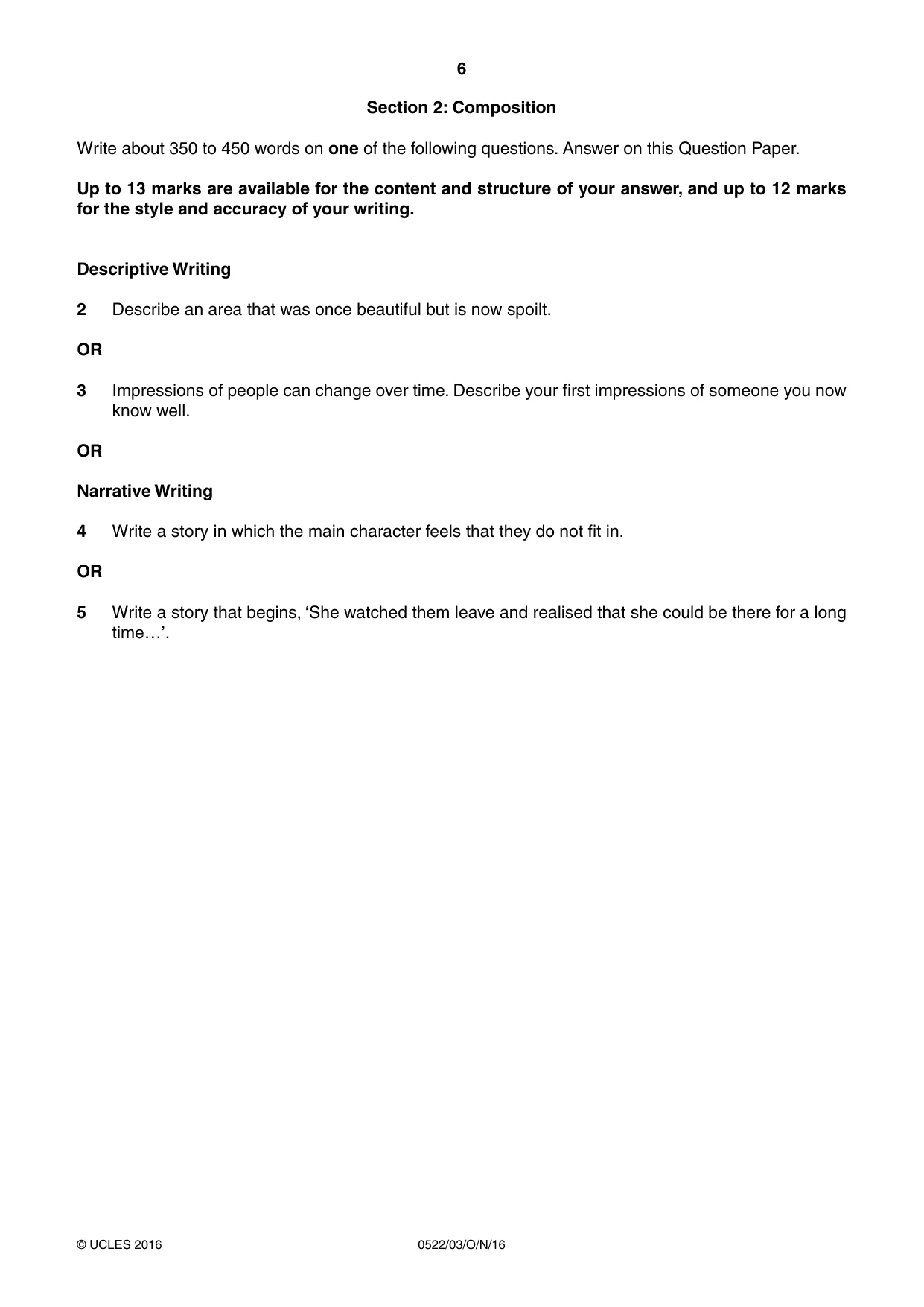 Cambridge IGCSE English - First Language (UK) 0522 2016 Oct/Nov Paper 3 · Variant 1 question paper, page 6 of 12