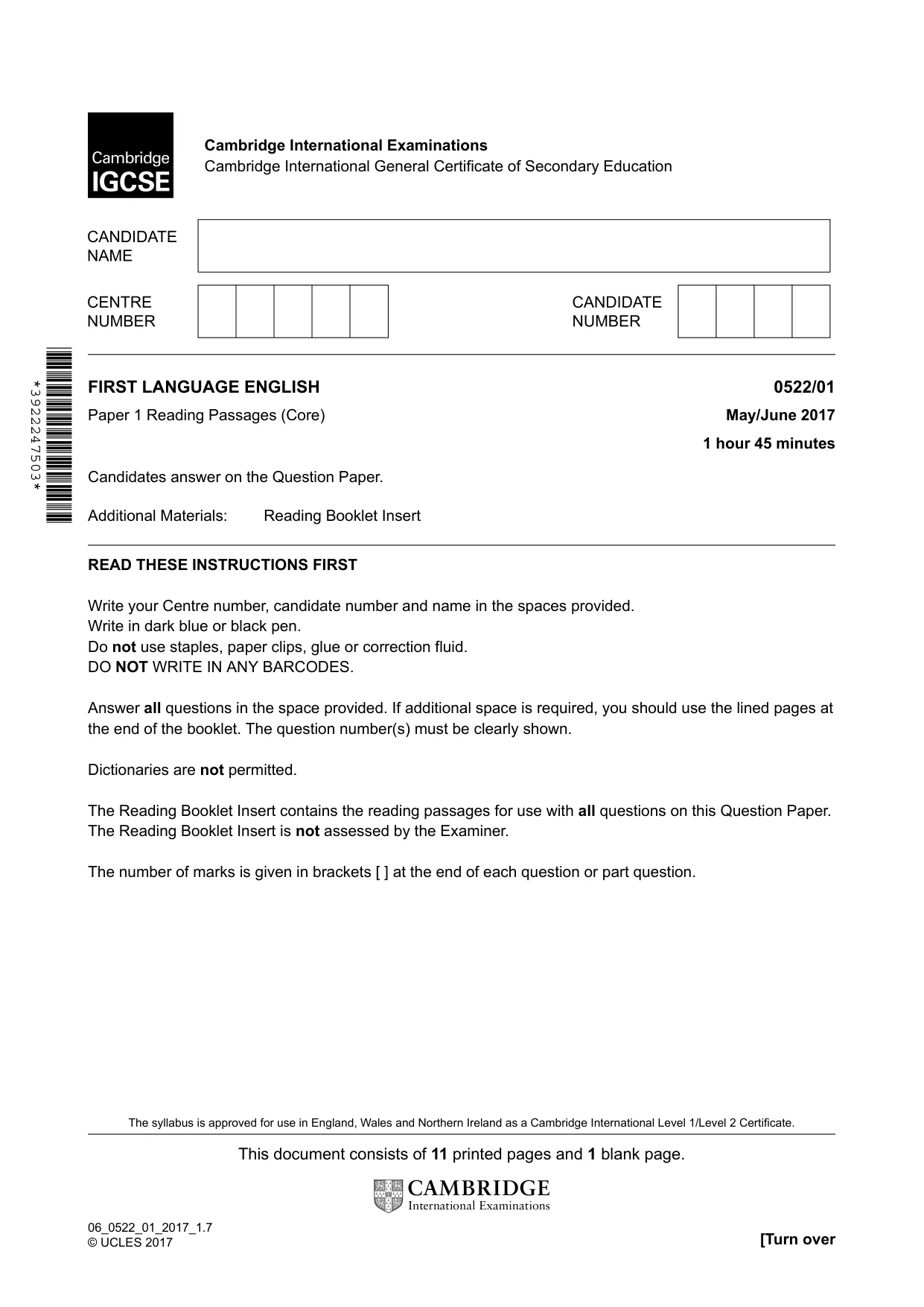 Cambridge IGCSE English - First Language (UK) 0522 2017 May/June Paper 1 · Variant 1 question paper, page 1 of 12