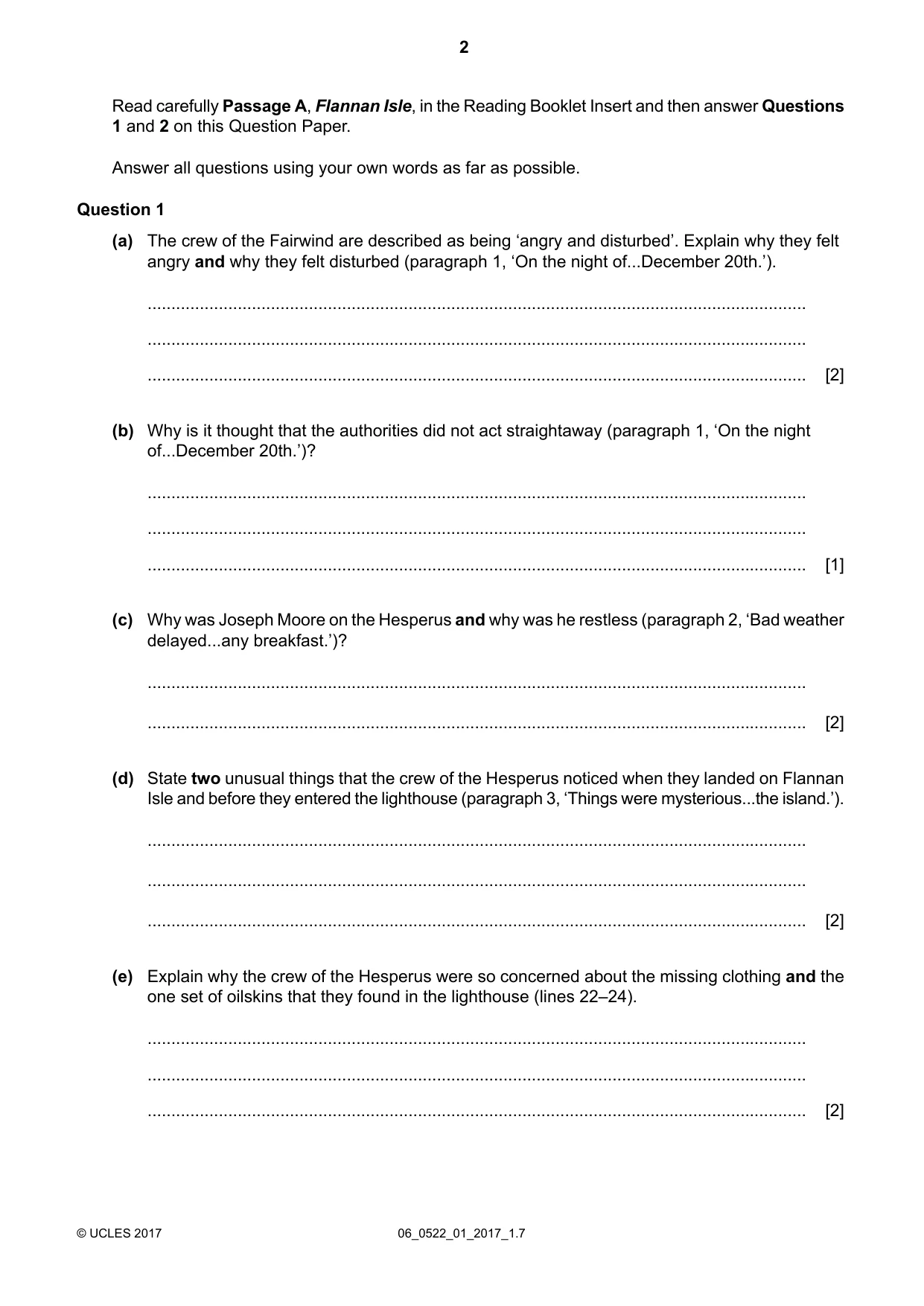 Cambridge IGCSE English - First Language (UK) 0522 2017 May/June Paper 1 · Variant 1 question paper, page 2 of 12