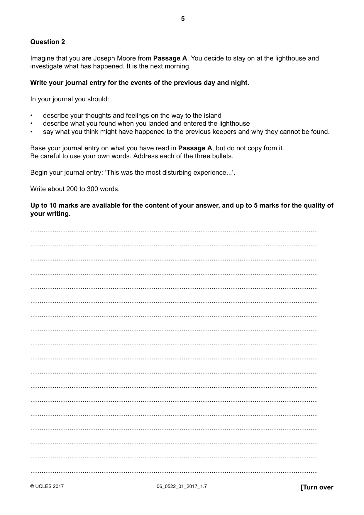 Cambridge IGCSE English - First Language (UK) 0522 2017 May/June Paper 1 · Variant 1 question paper, page 5 of 12