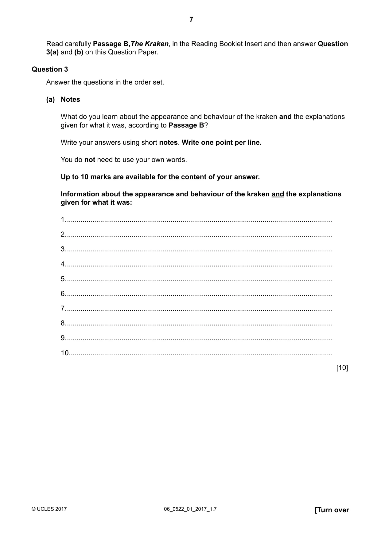 Cambridge IGCSE English - First Language (UK) 0522 2017 May/June Paper 1 · Variant 1 question paper, page 7 of 12