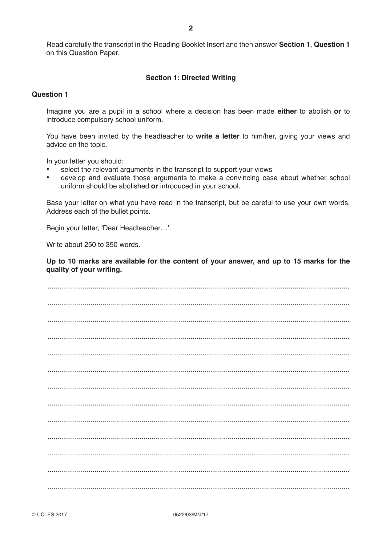 Cambridge IGCSE English - First Language (UK) 0522 2017 May/June Paper 3 · Variant 1 question paper, page 2 of 12