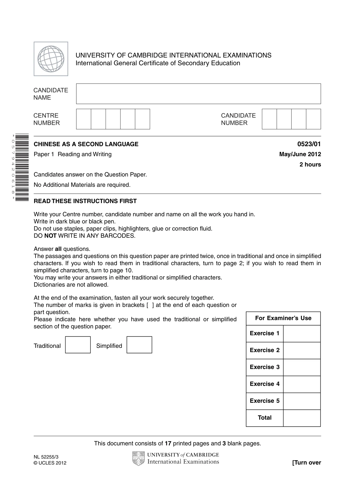 Cambridge IGCSE Chinese - Second Language 0523 2012 May/June Paper 1 · Variant 1 question paper, page 1 of 20