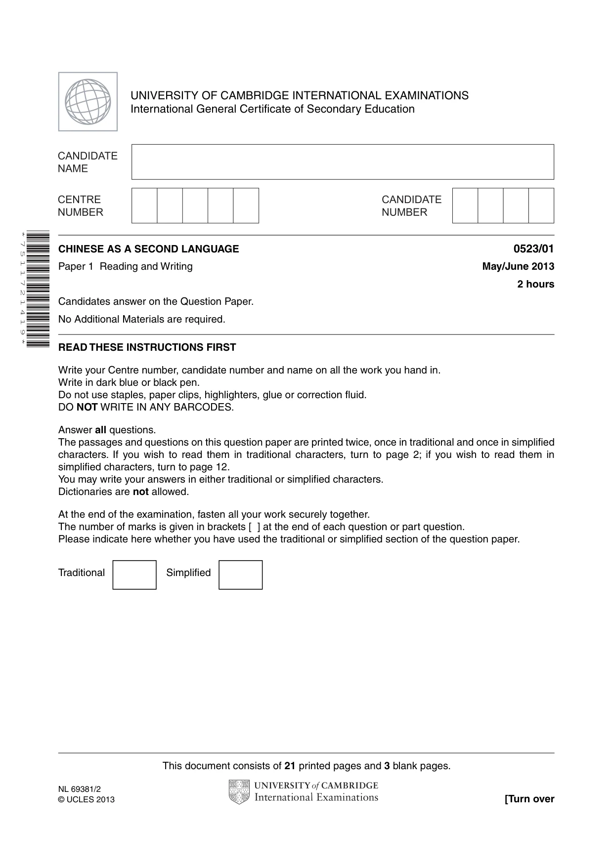 Cambridge IGCSE Chinese - Second Language 0523 2013 May/June Paper 1 · Variant 1 question paper, page 1 of 24