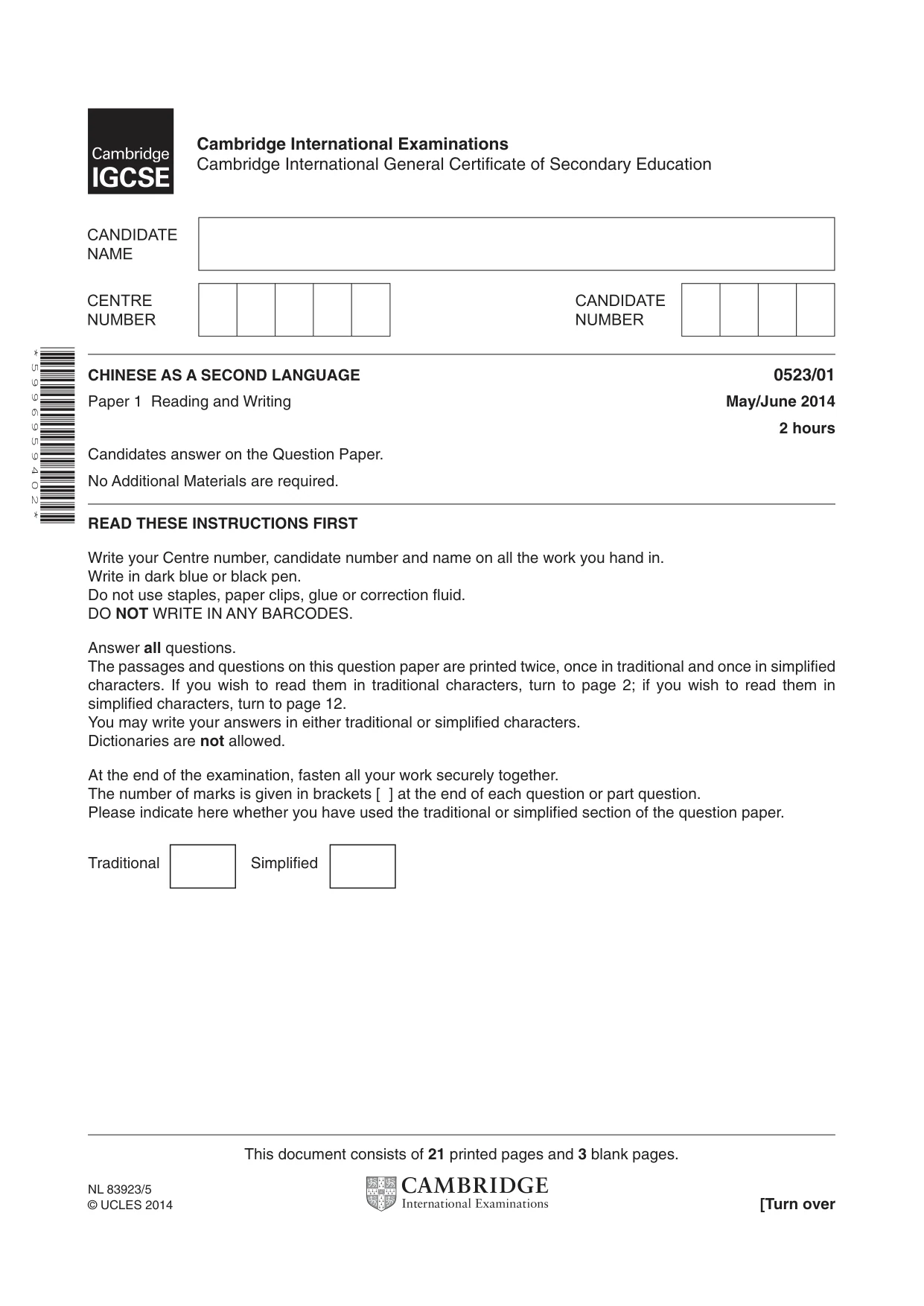 Cambridge IGCSE Chinese - Second Language 0523 2014 May/June Paper 1 · Variant 1 question paper, page 1 of 24
