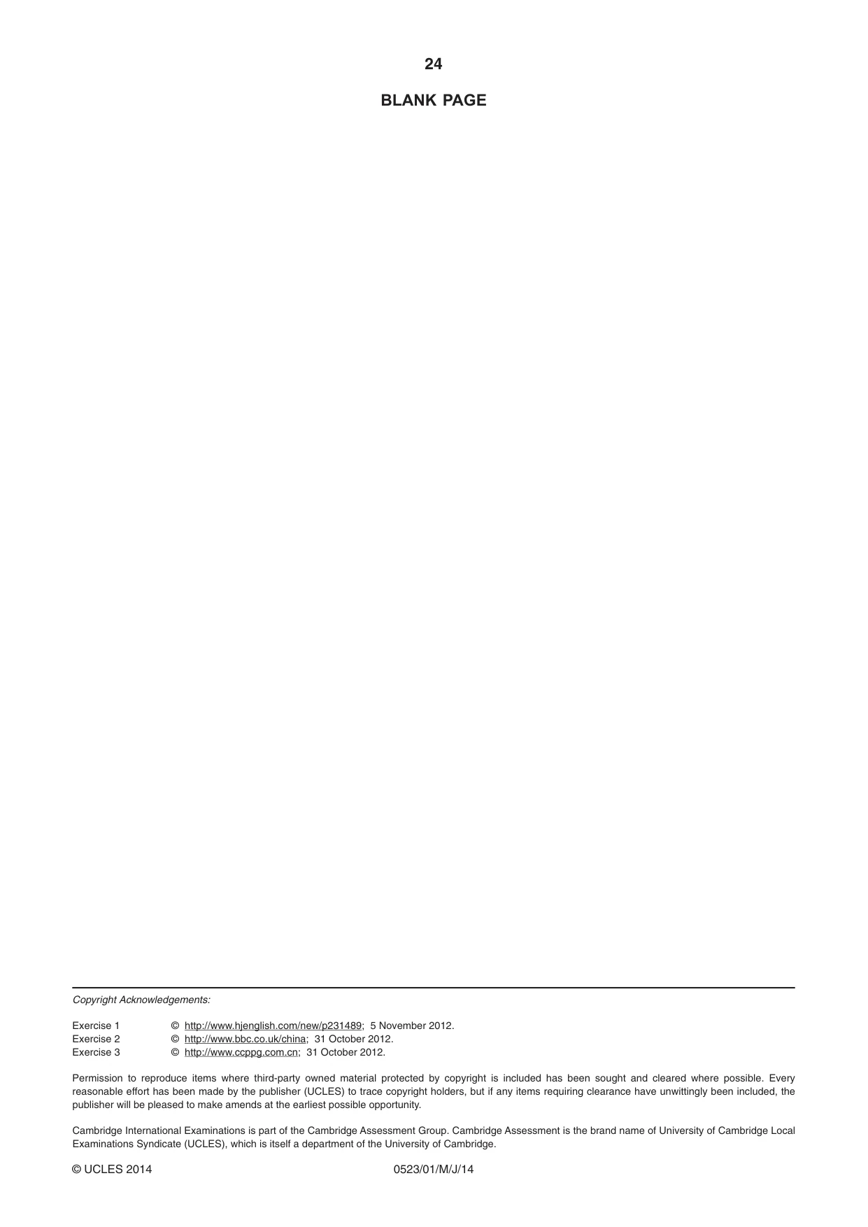 Cambridge IGCSE Chinese - Second Language 0523 2014 May/June Paper 1 · Variant 1 question paper, page 24 of 24