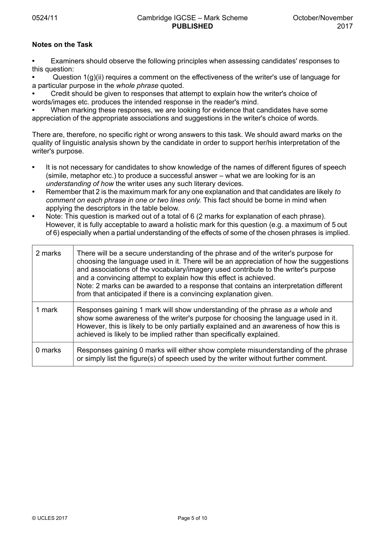 Mark scheme, page 5 of 10