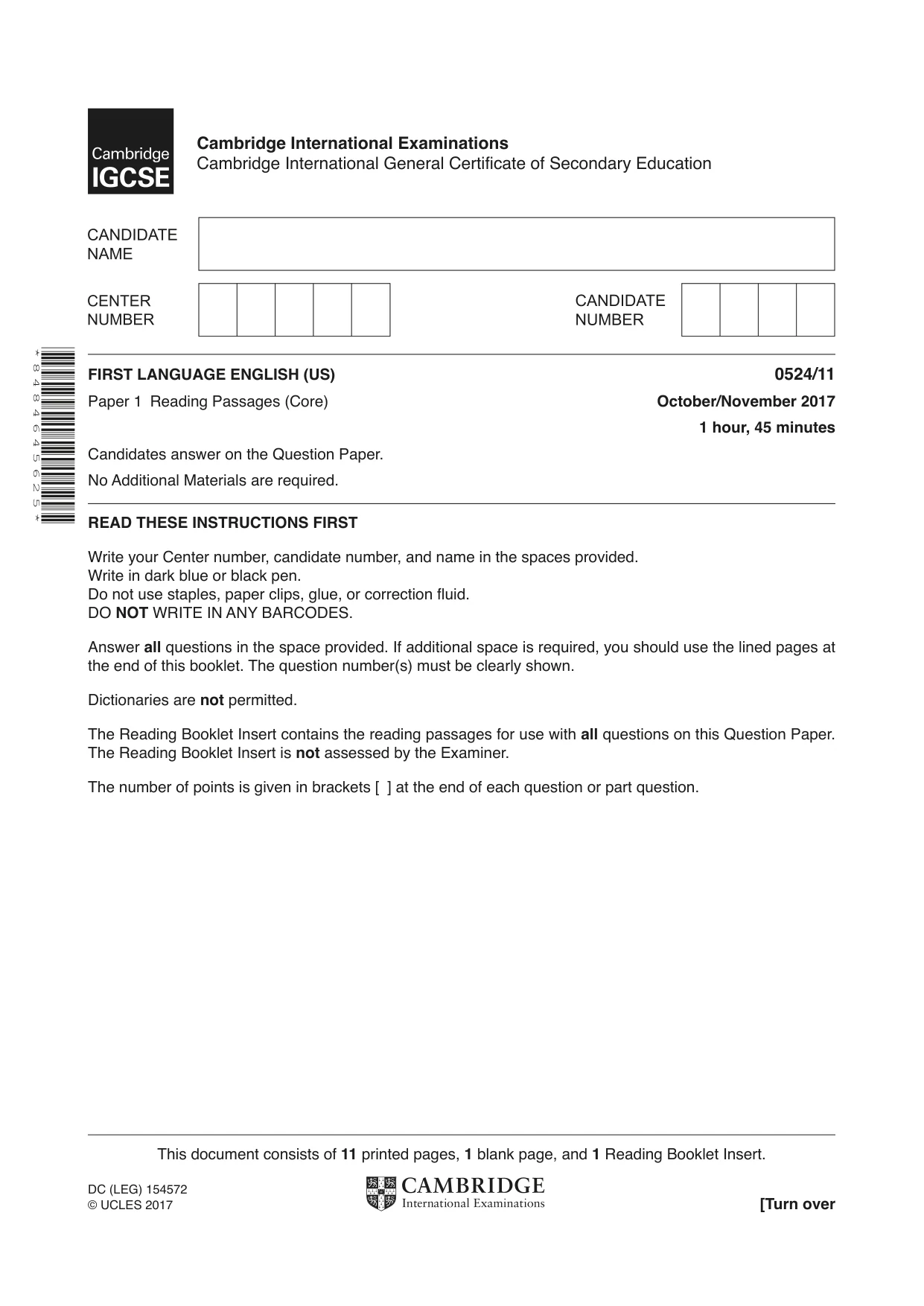 Cambridge IGCSE English - First Language (BES) 0524 2017 Oct/Nov Paper 1 · Variant 1 question paper, page 1 of 12