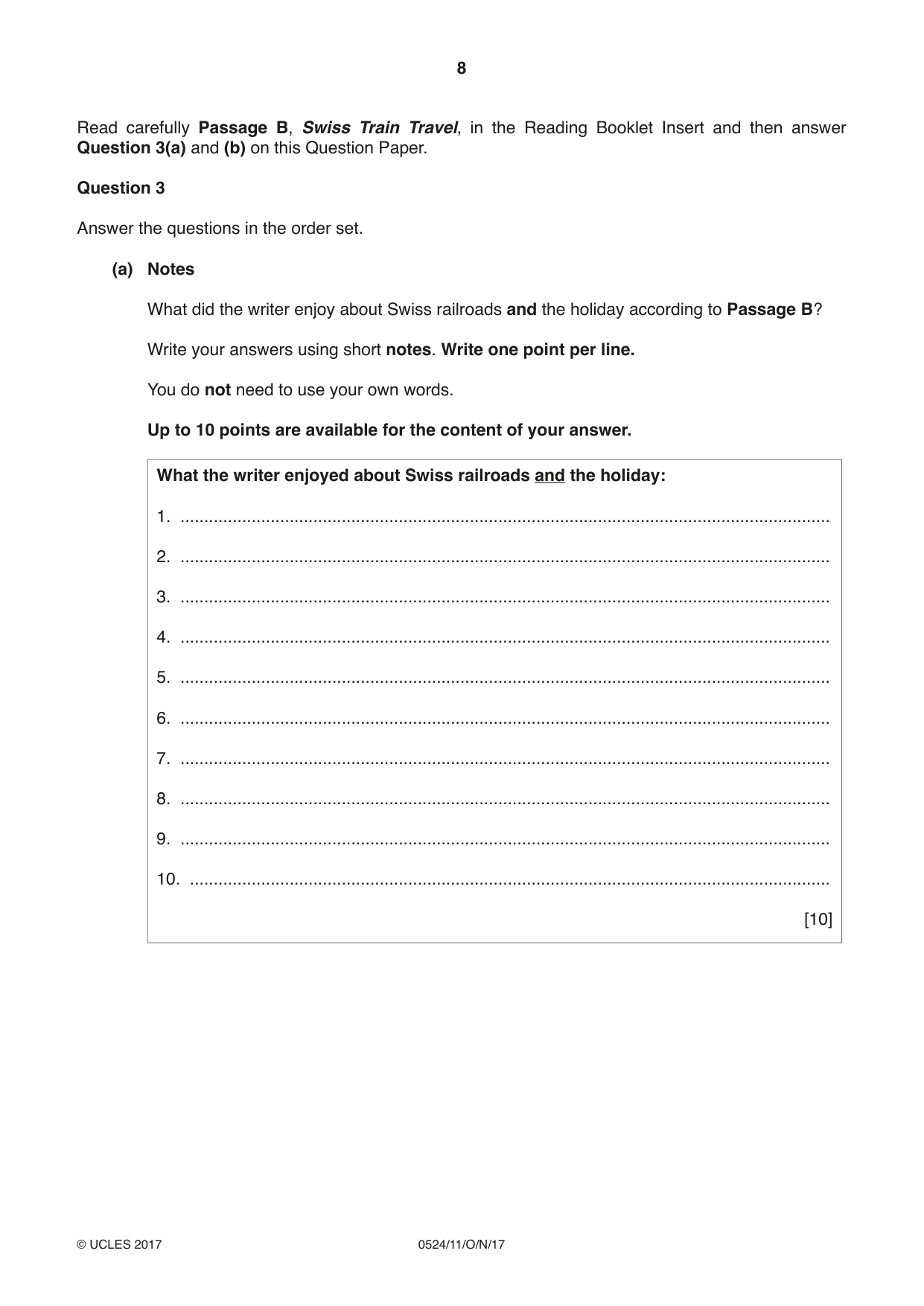 Cambridge IGCSE English - First Language (BES) 0524 2017 Oct/Nov Paper 1 · Variant 1 question paper, page 8 of 12