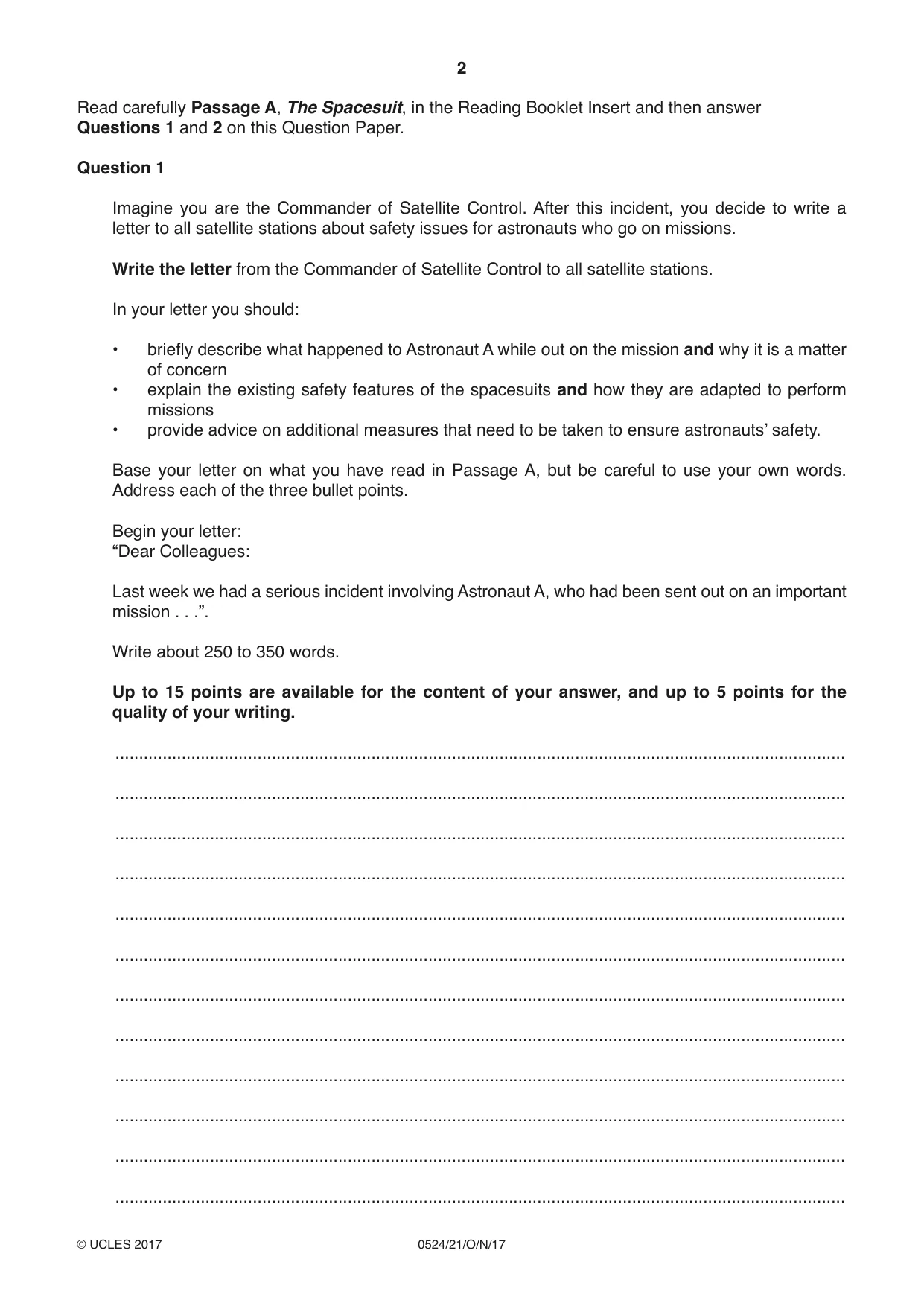 Cambridge IGCSE English - First Language (BES) 0524 2017 Oct/Nov Paper 2 · Variant 1 question paper, page 2 of 12