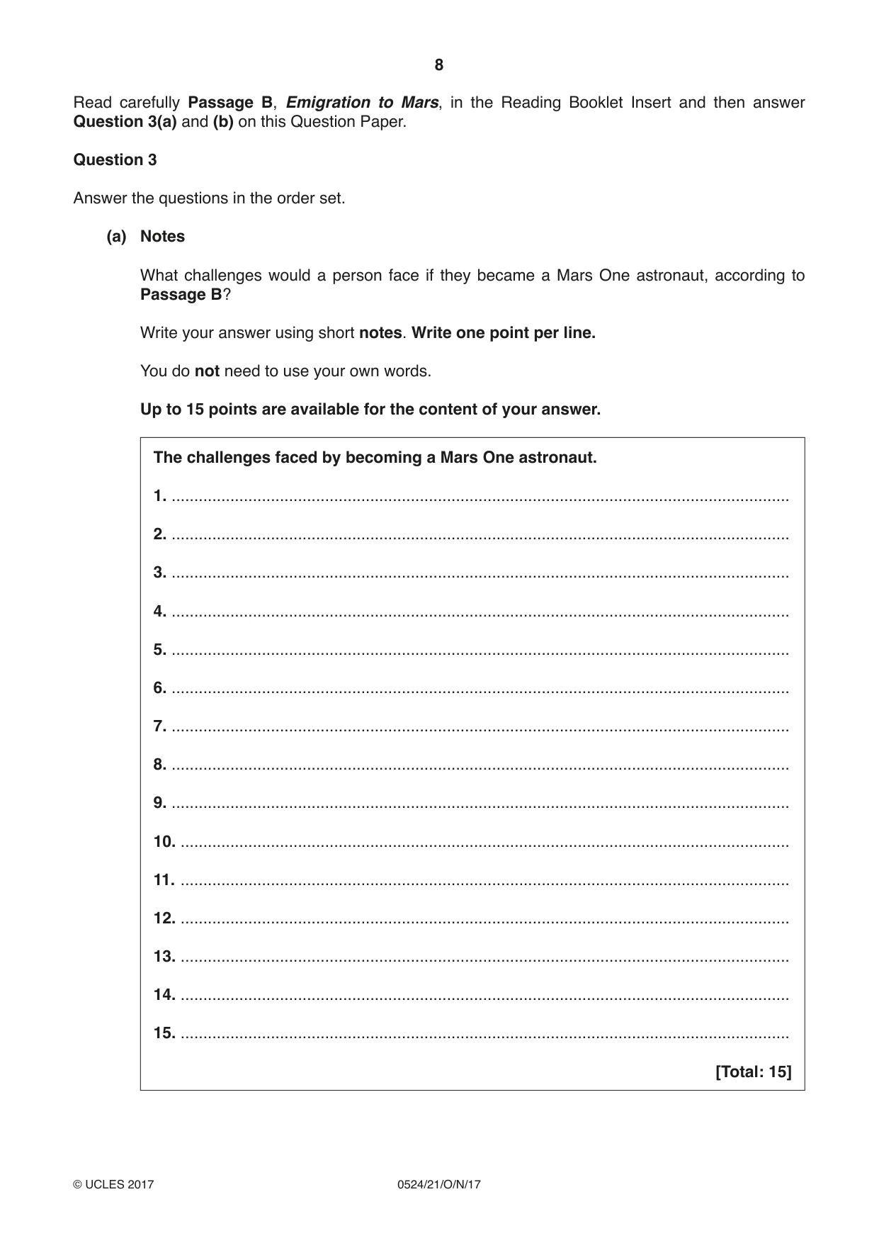 Cambridge IGCSE English - First Language (BES) 0524 2017 Oct/Nov Paper 2 · Variant 1 question paper, page 8 of 12