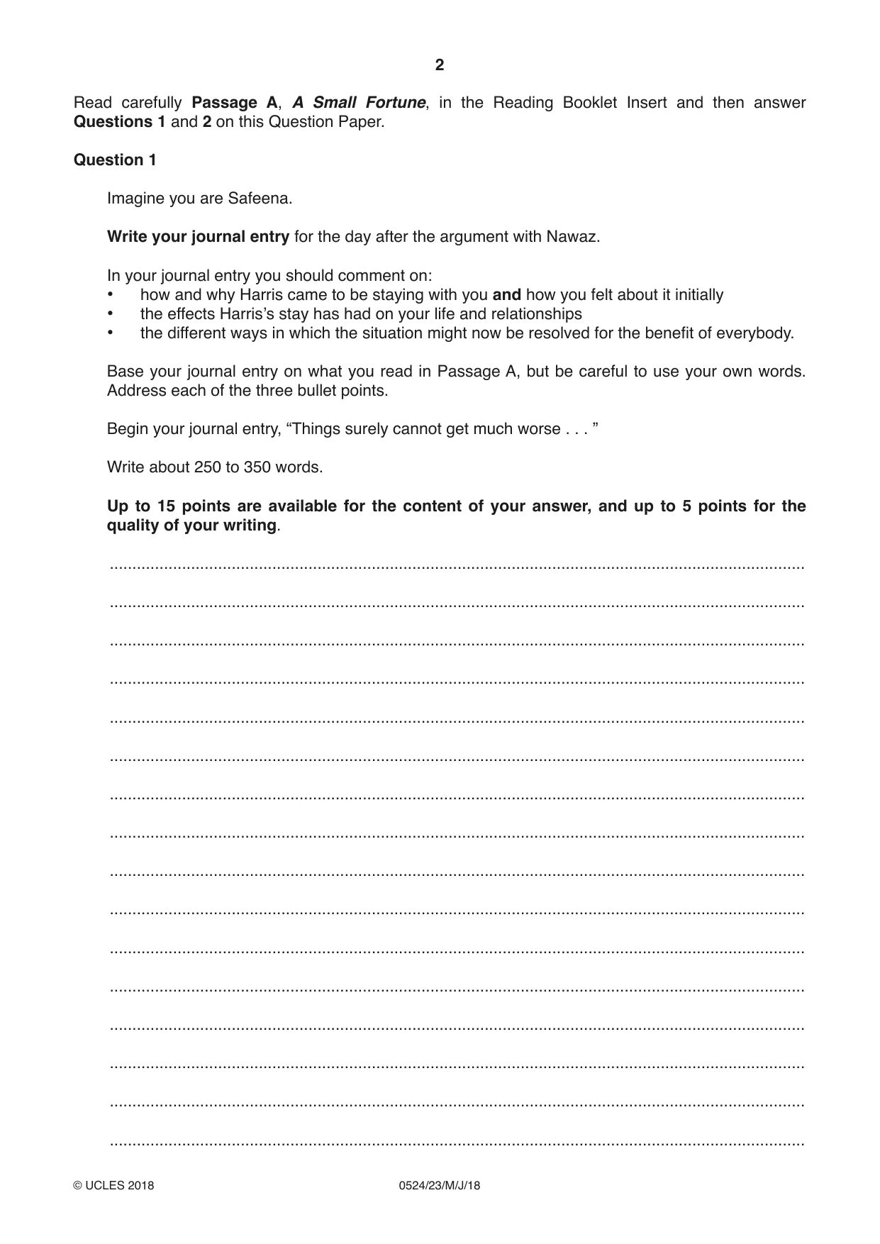 Cambridge IGCSE English - First Language (BES) 0524 2018 May/June Paper 2 · Variant 3 question paper, page 2 of 12