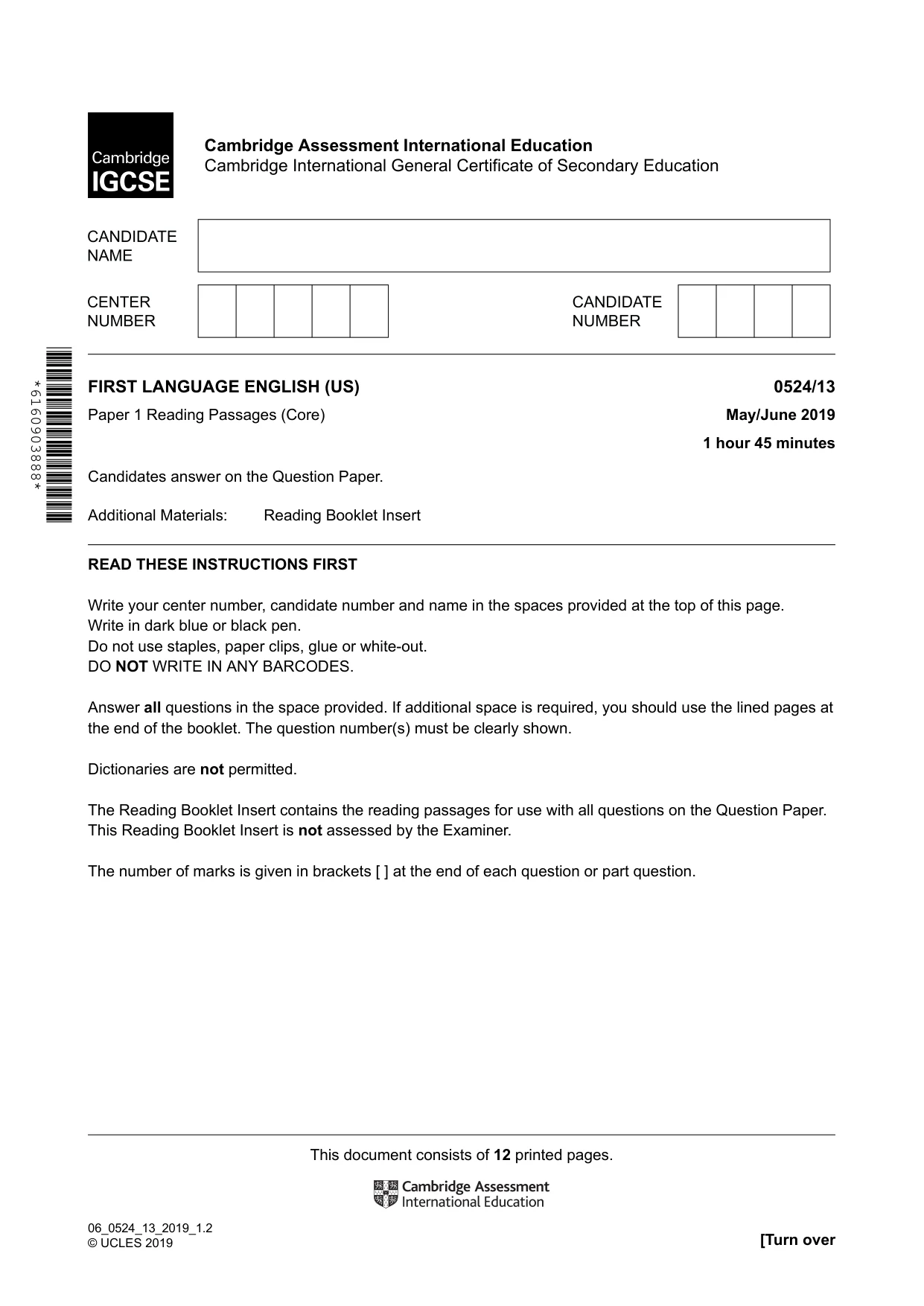 Cambridge IGCSE English - First Language (BES) 0524 2019 May/June Paper 1 · Variant 3 question paper, page 1 of 12