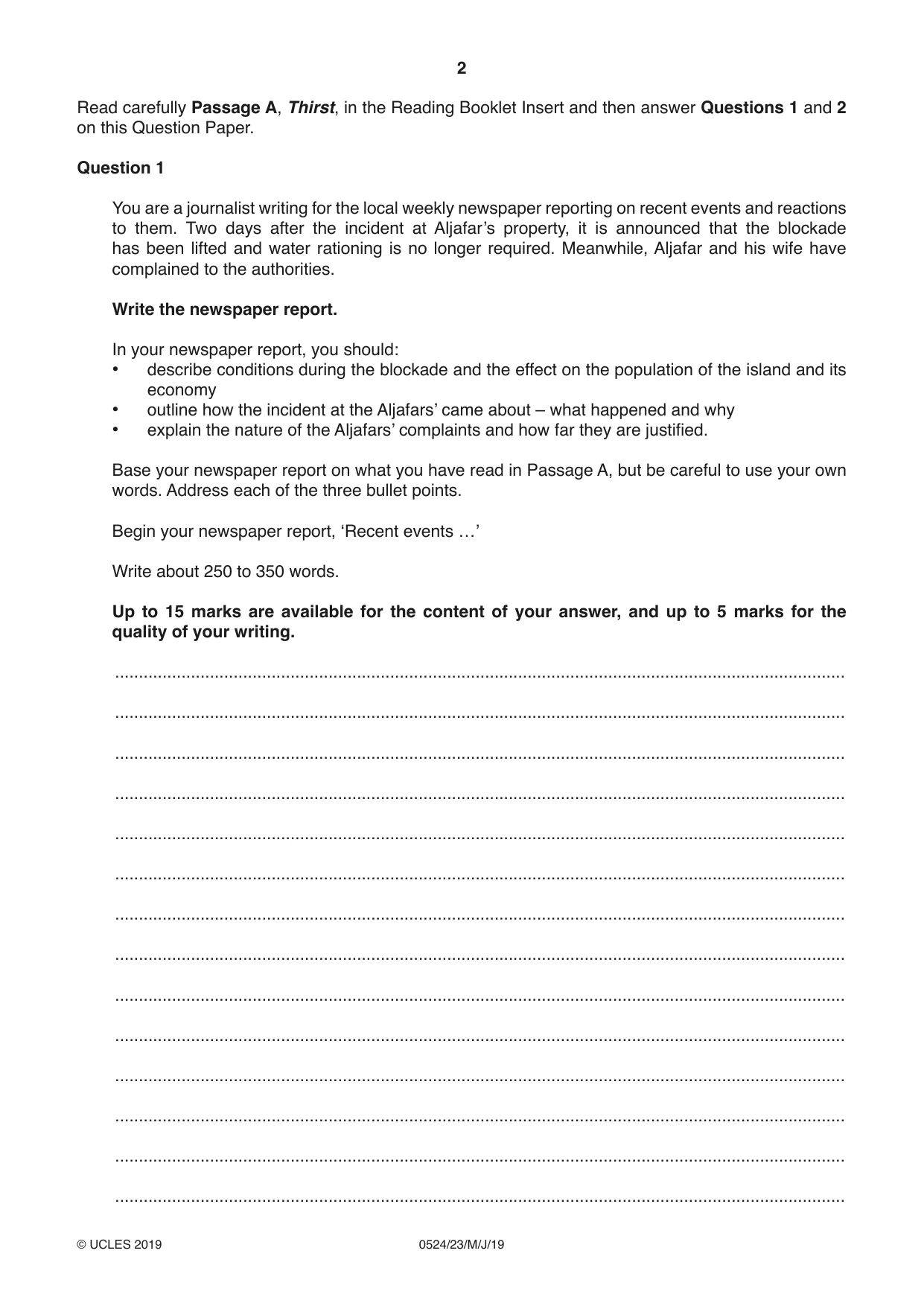 Cambridge IGCSE English - First Language (BES) 0524 2019 May/June Paper 2 · Variant 3 question paper, page 2 of 12