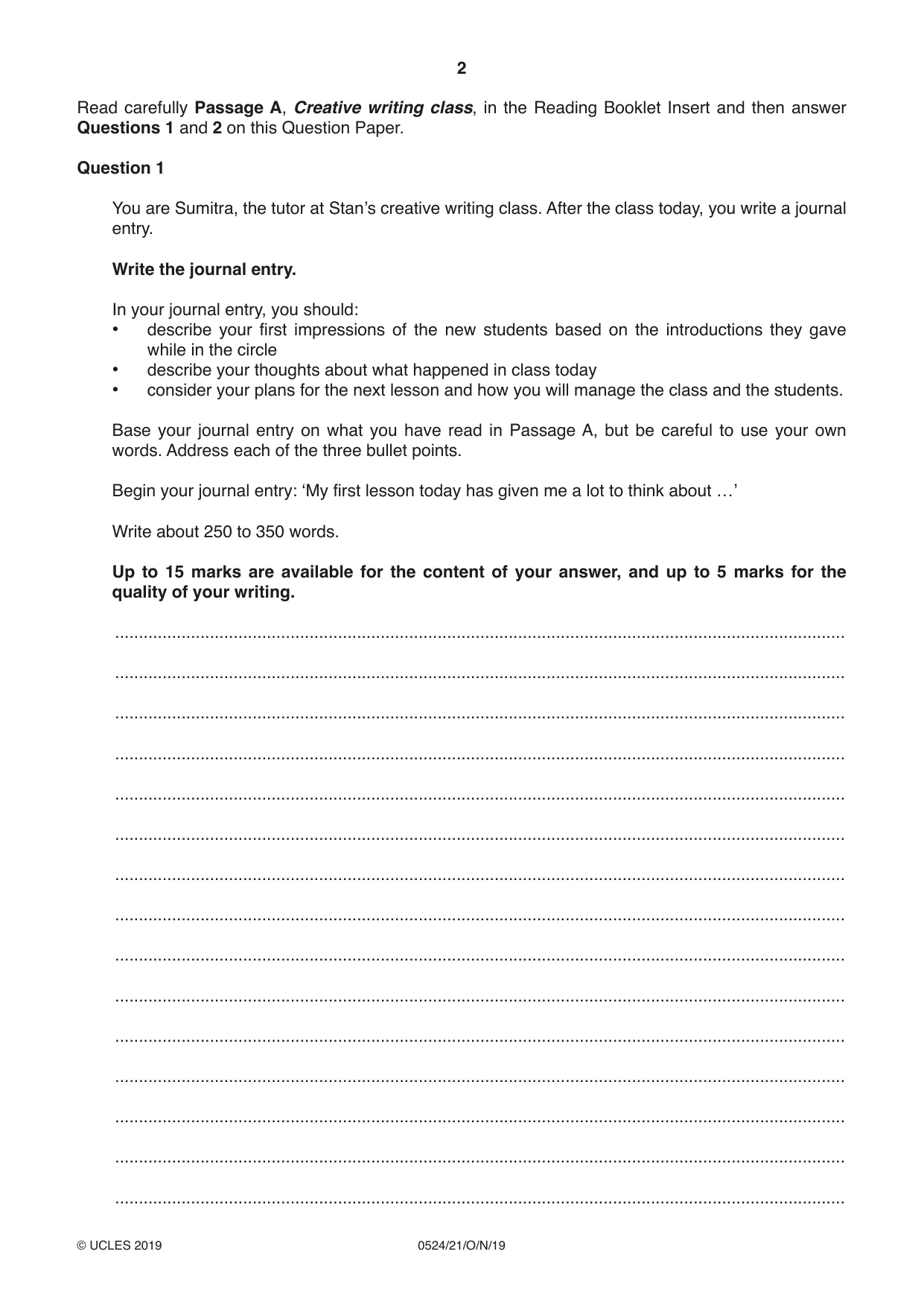 Cambridge IGCSE English - First Language (BES) 0524 2019 Oct/Nov Paper 2 · Variant 1 question paper, page 2 of 12