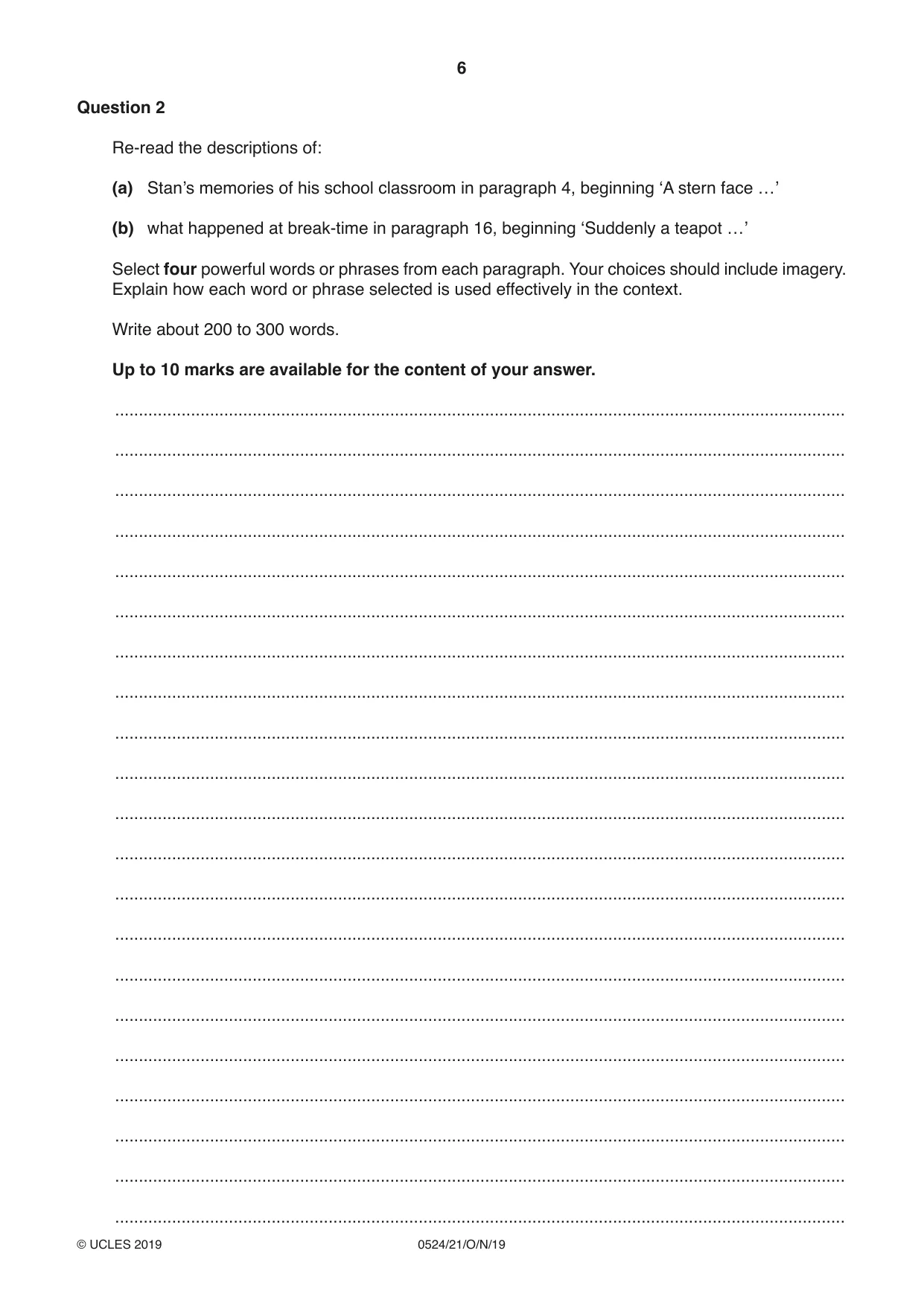 Cambridge IGCSE English - First Language (BES) 0524 2019 Oct/Nov Paper 2 · Variant 1 question paper, page 6 of 12