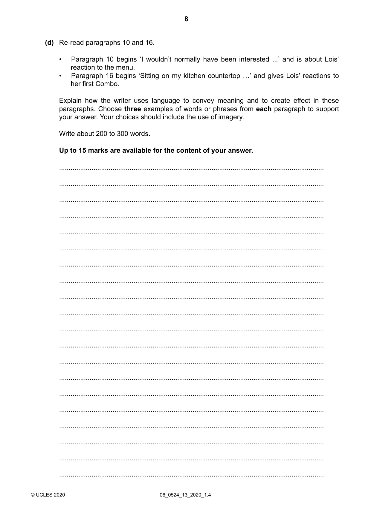 Cambridge IGCSE English - First Language (BES) 0524 2020 May/June Paper 1 · Variant 3 question paper, page 8 of 16