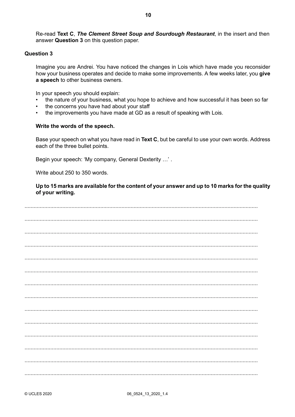 Cambridge IGCSE English - First Language (BES) 0524 2020 May/June Paper 1 · Variant 3 question paper, page 10 of 16