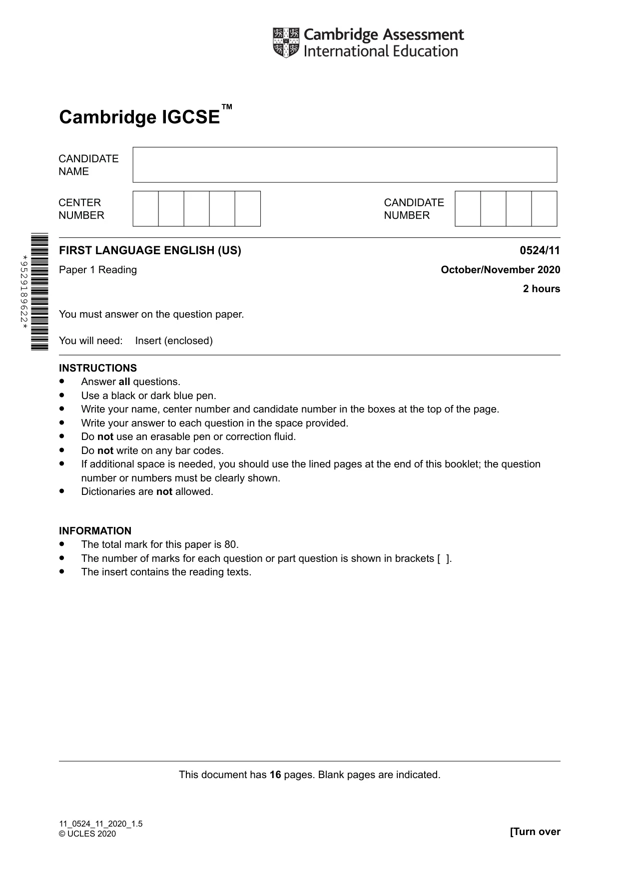Cambridge IGCSE English - First Language (BES) 0524 2020 Oct/Nov Paper 1 · Variant 1 question paper, page 1 of 16