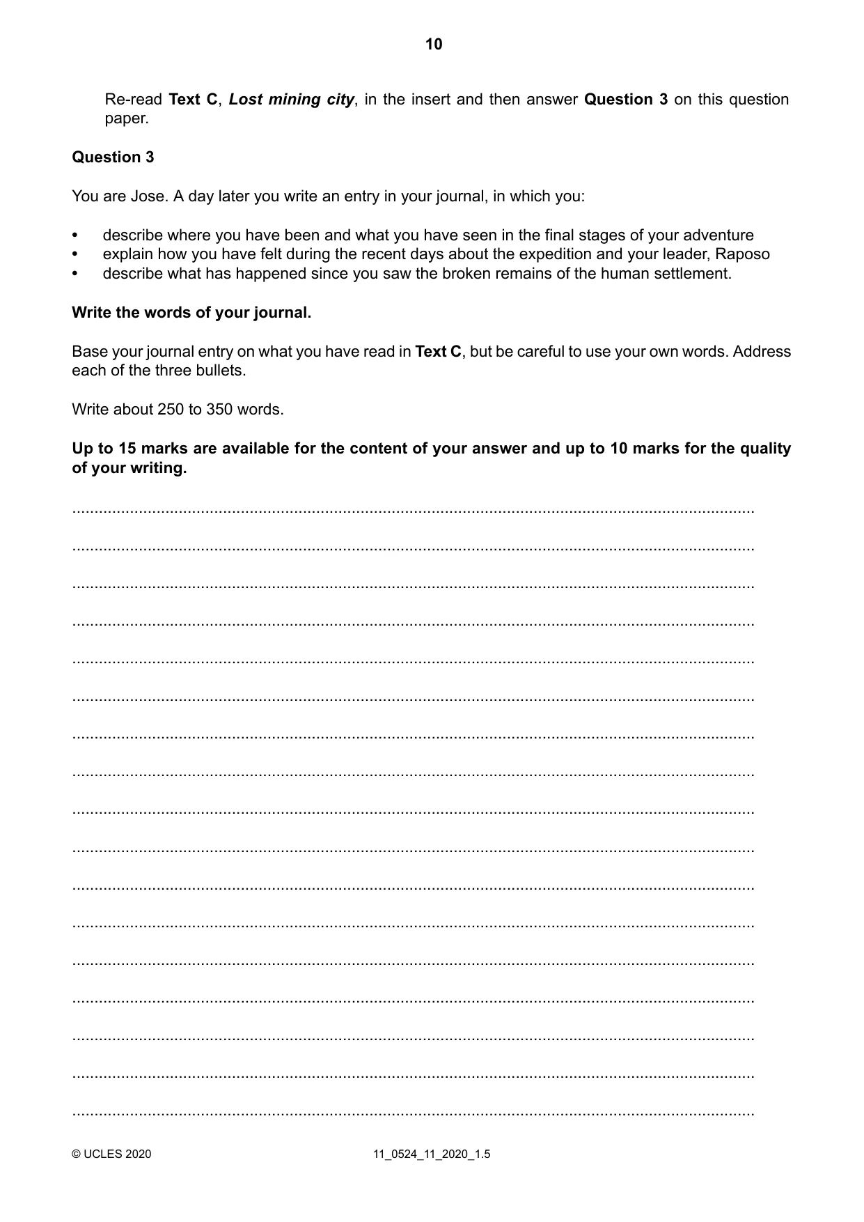 Cambridge IGCSE English - First Language (BES) 0524 2020 Oct/Nov Paper 1 · Variant 1 question paper, page 10 of 16