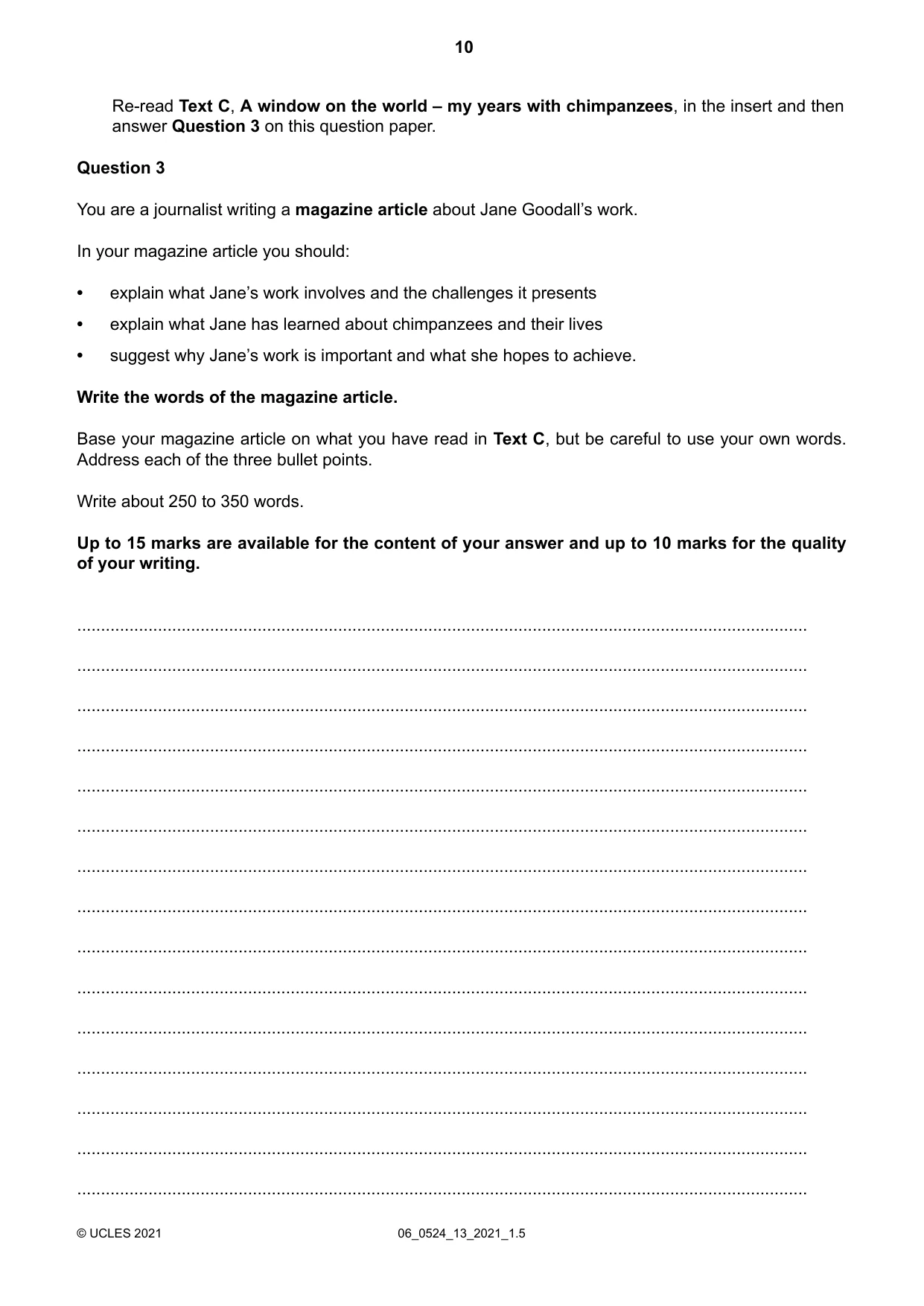 Cambridge IGCSE English - First Language (BES) 0524 2021 May/June Paper 1 · Variant 3 question paper, page 10 of 16