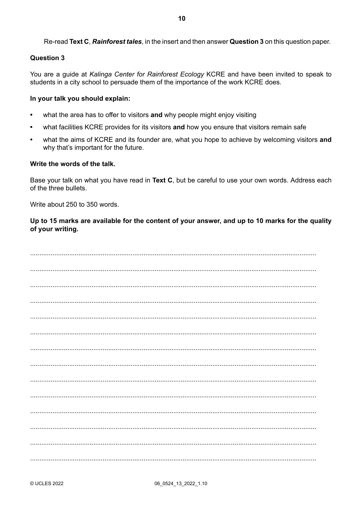 Cambridge IGCSE English - First Language (BES) 0524 2022 May/June Paper 1 · Variant 3 question paper, page 10 of 16