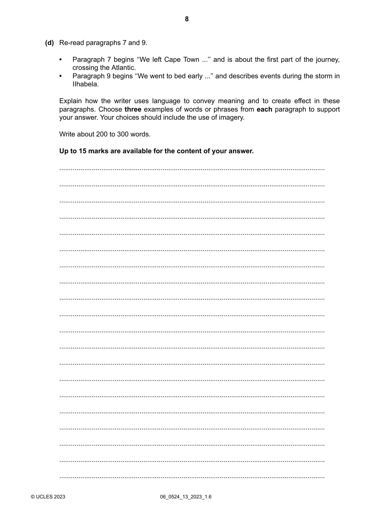 Cambridge IGCSE English - First Language (BES) 0524 2023 May/June Paper 1 · Variant 3 question paper, page 8 of 16