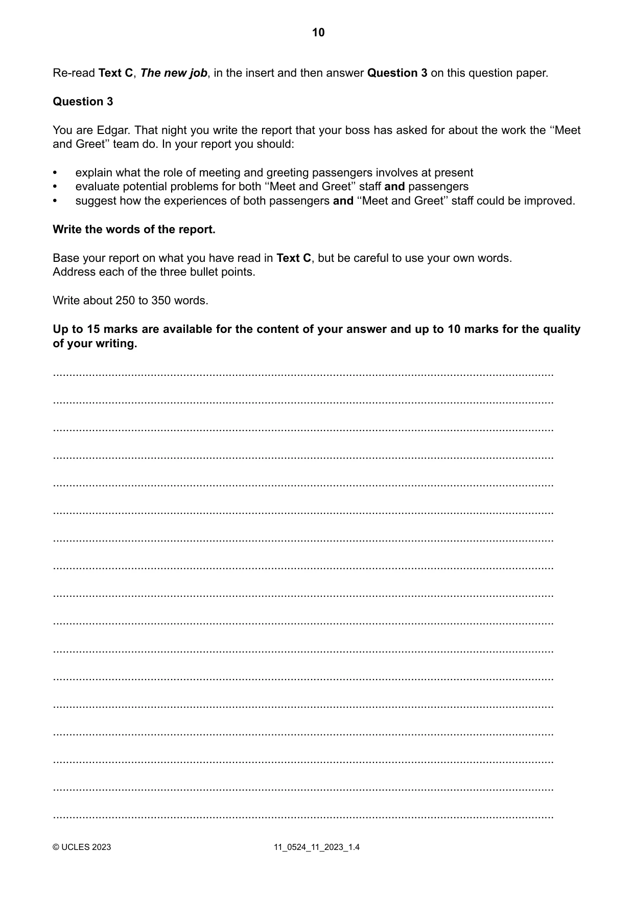 Cambridge IGCSE English - First Language (BES) 0524 2023 Oct/Nov Paper 1 · Variant 1 question paper, page 10 of 16