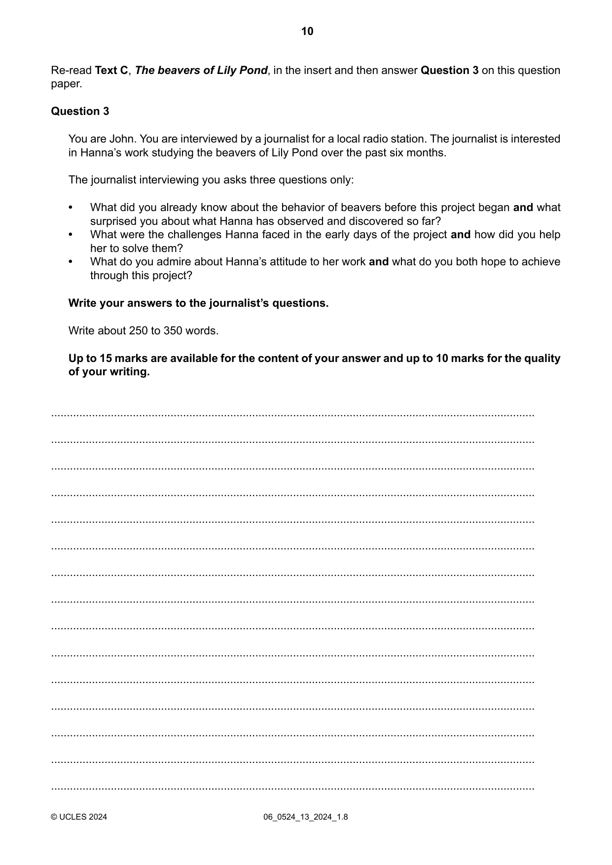 Cambridge IGCSE English - First Language (BES) 0524 2024 May/June Paper 1 · Variant 3 question paper, page 10 of 16