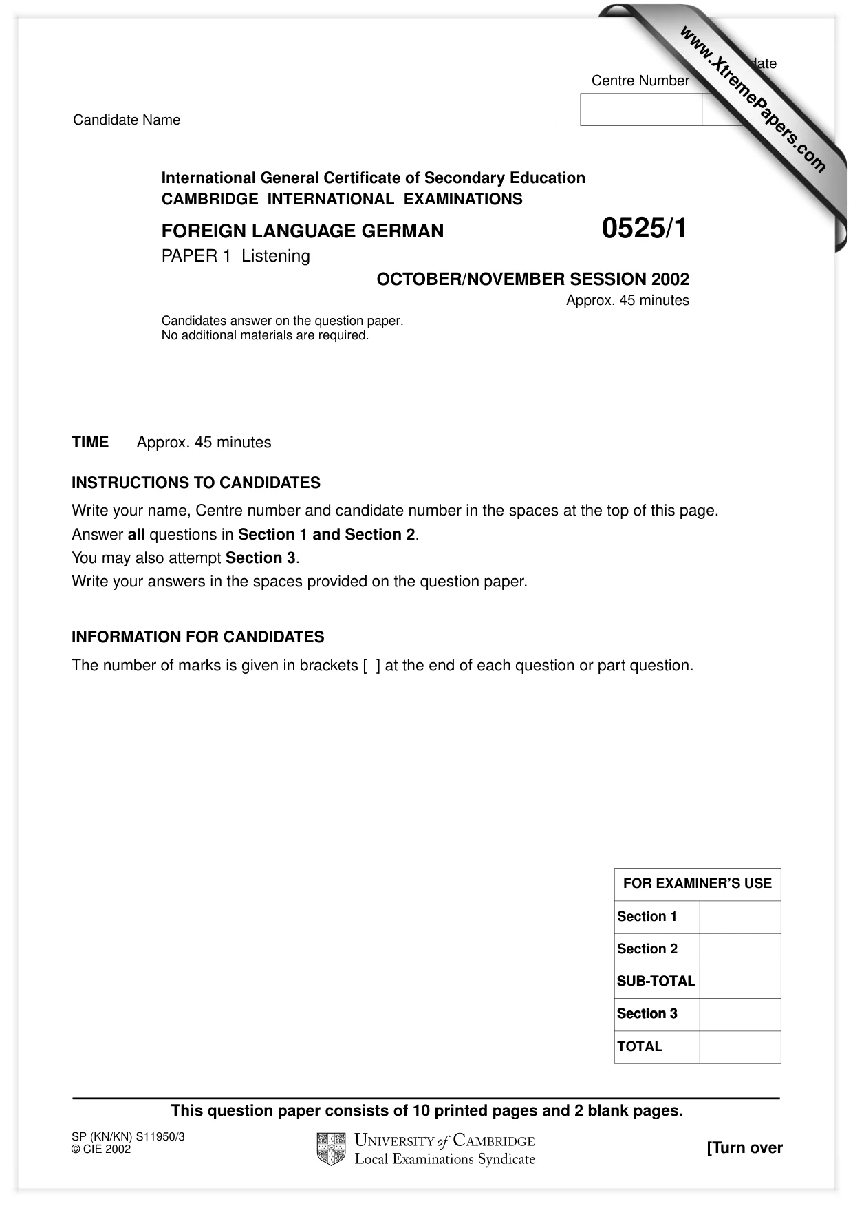 Cambridge IGCSE German - Foreign Language 0525 2002 Oct/Nov Paper 1 · Variant 1 question paper, page 1 of 12