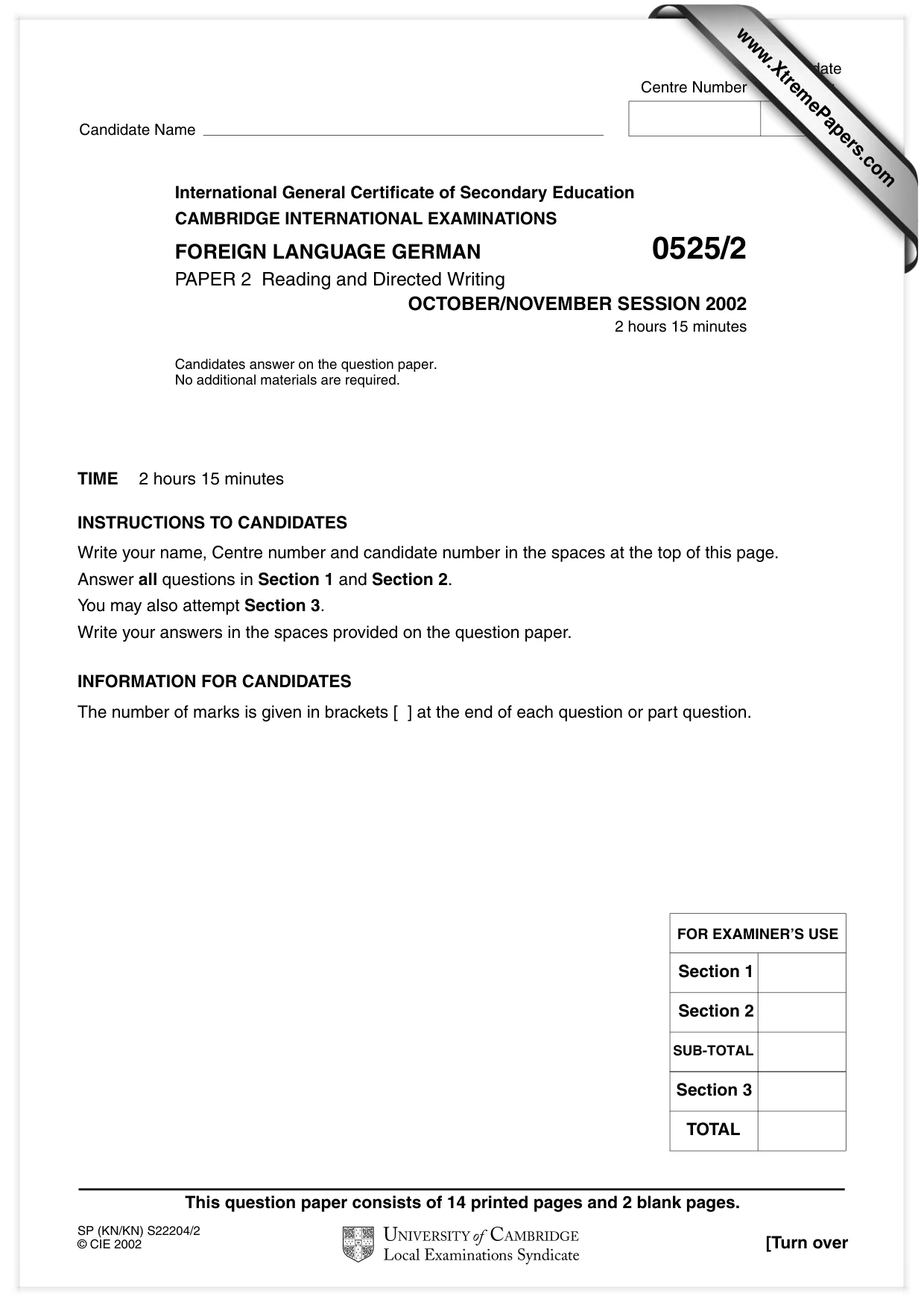 Cambridge IGCSE German - Foreign Language 0525 2002 Oct/Nov Paper 2 · Variant 1 question paper, page 1 of 16