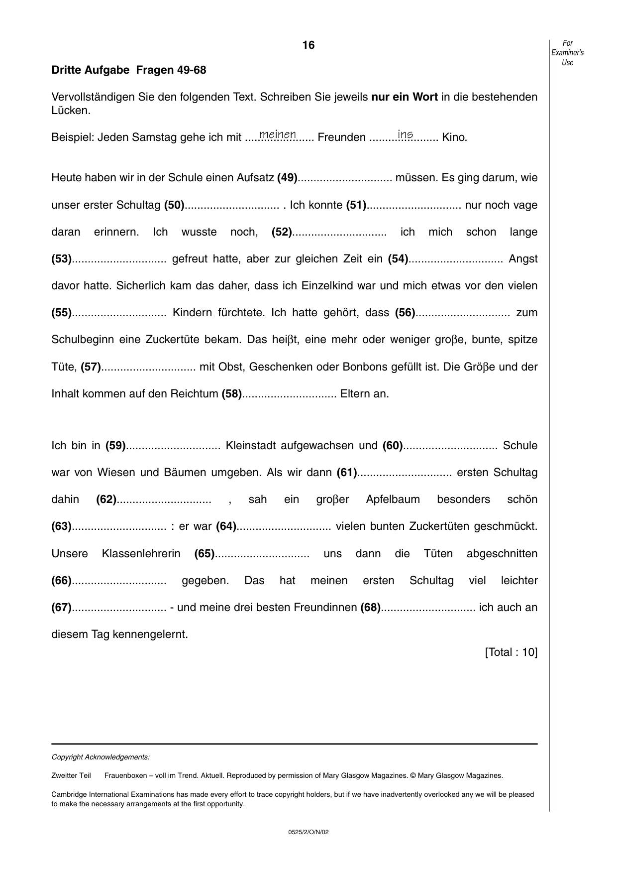 Cambridge IGCSE German - Foreign Language 0525 2002 Oct/Nov Paper 2 · Variant 1 question paper, page 16 of 16