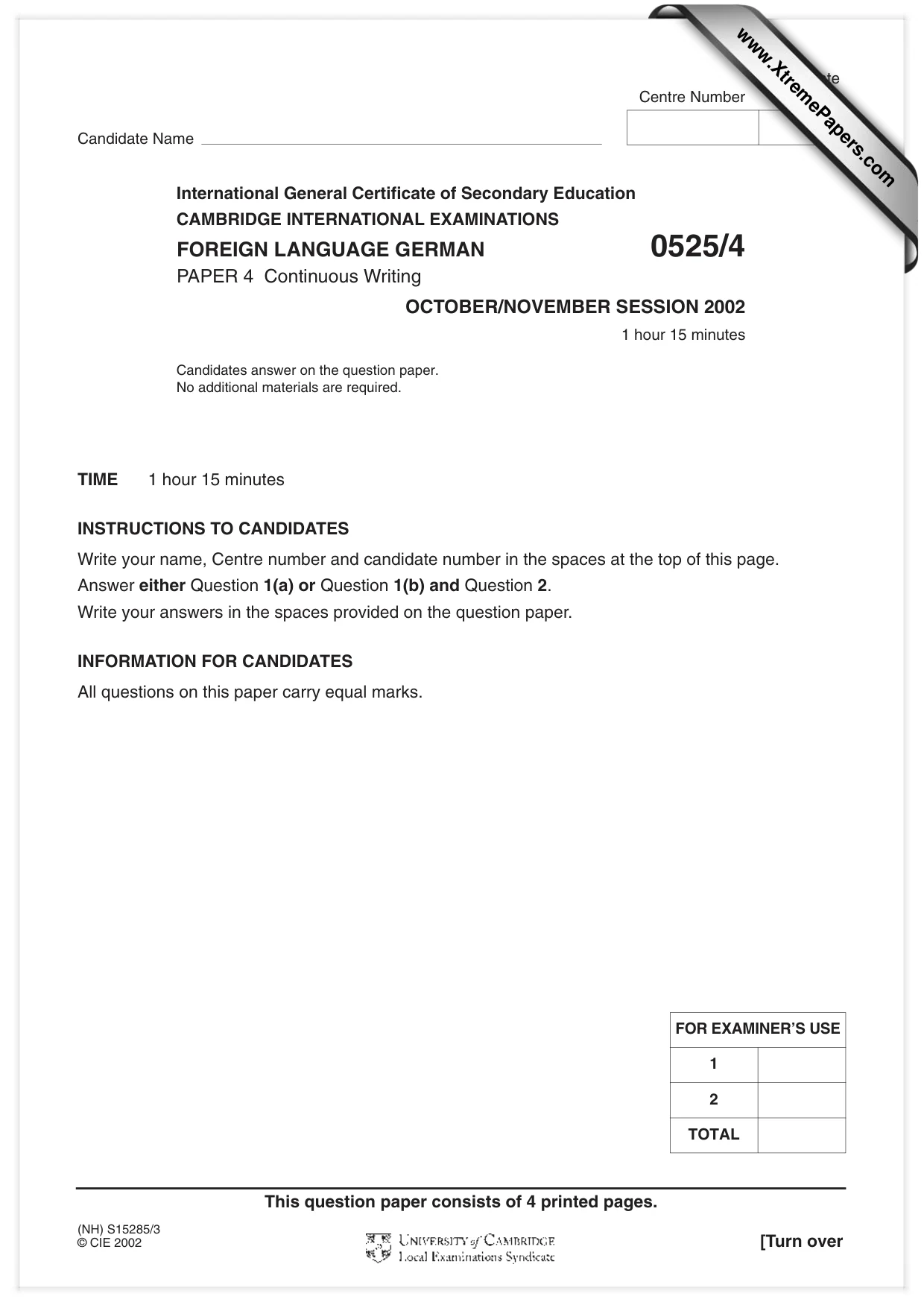 Cambridge IGCSE German - Foreign Language 0525 2002 Oct/Nov Paper 4 · Variant 1 question paper, page 1 of 4