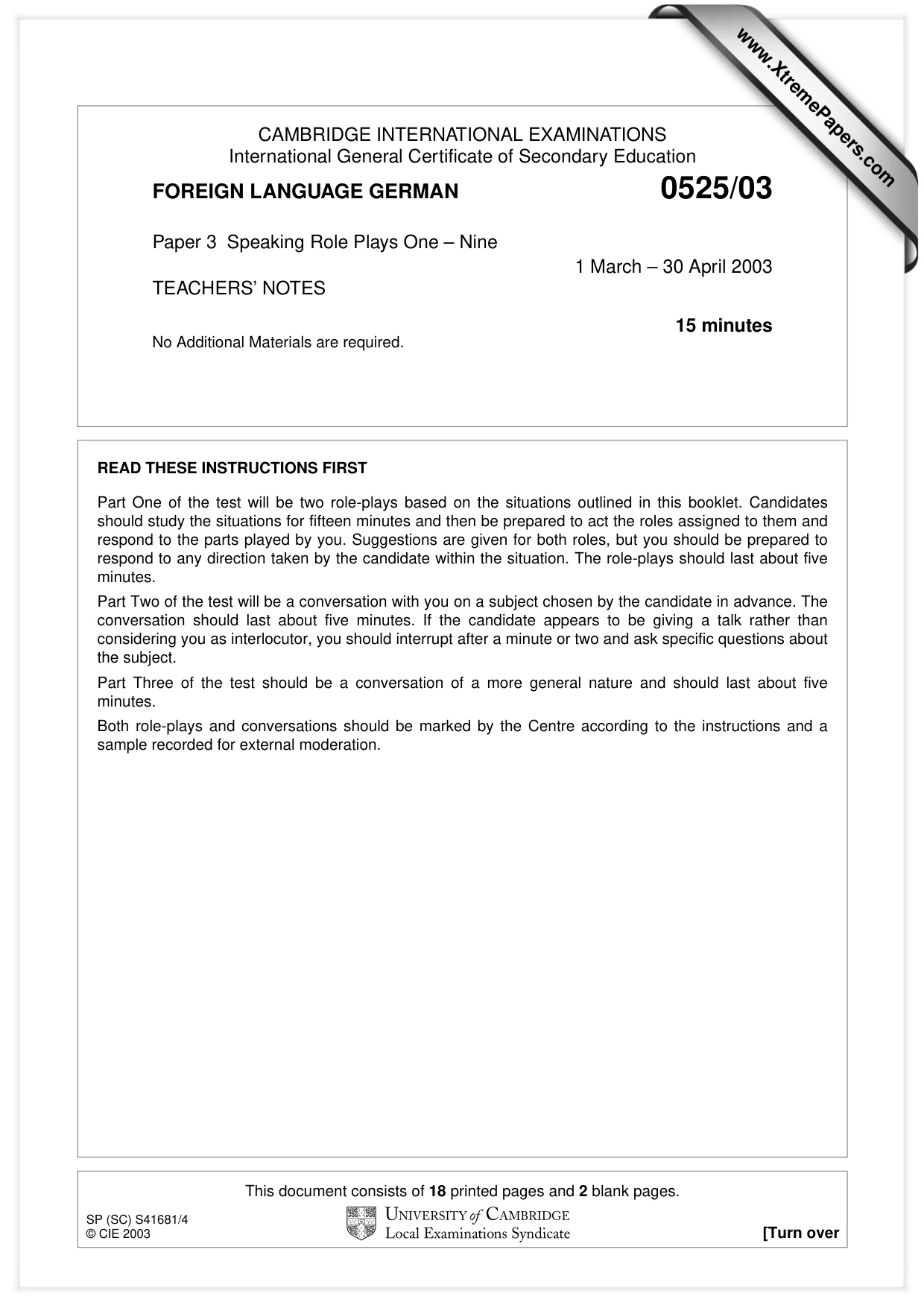 Cambridge IGCSE German - Foreign Language 0525 2003 May/June Paper 3 · Variant 1 question paper, page 1 of 20