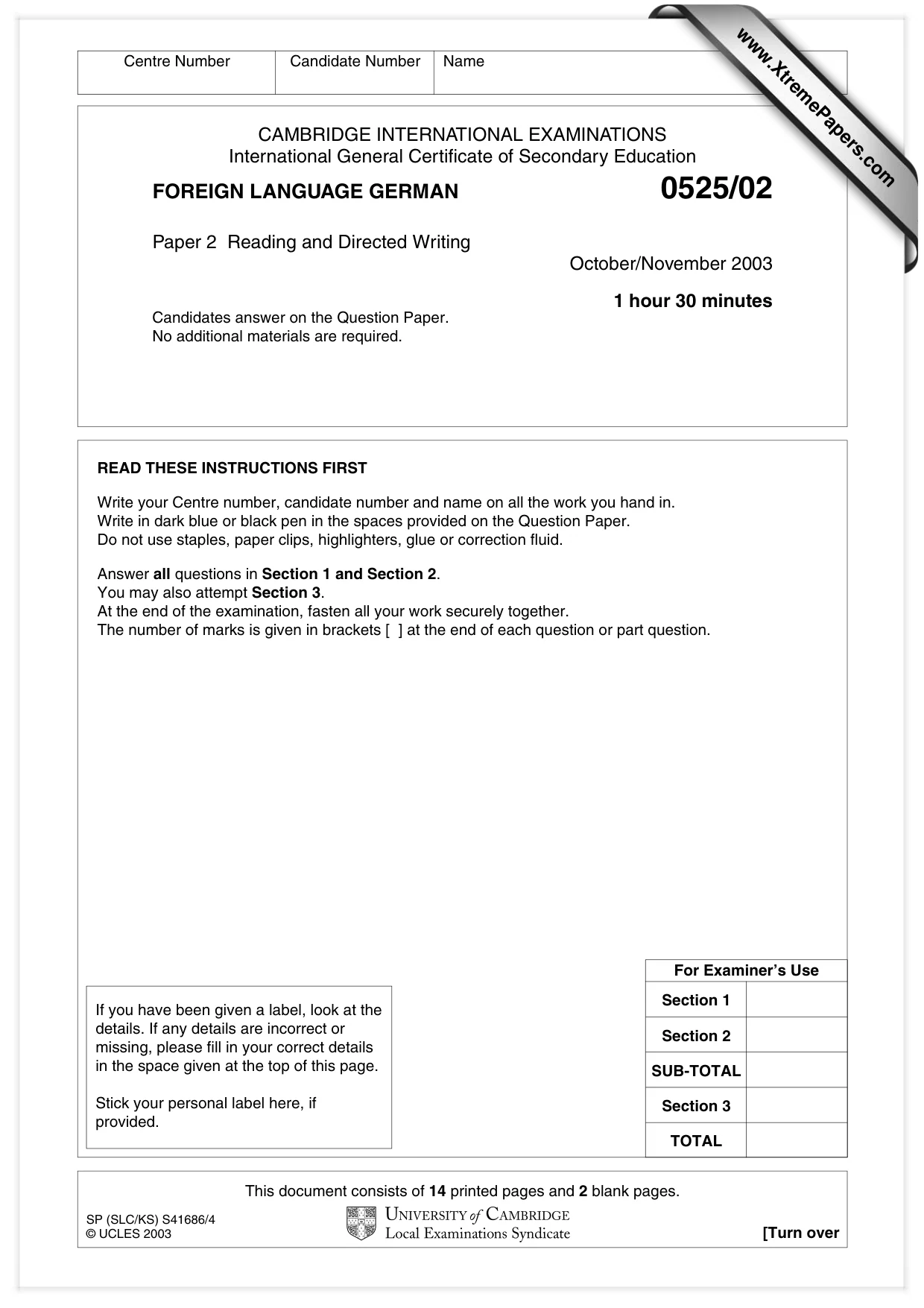Cambridge IGCSE German - Foreign Language 0525 2003 Oct/Nov Paper 2 · Variant 1 question paper, page 1 of 16