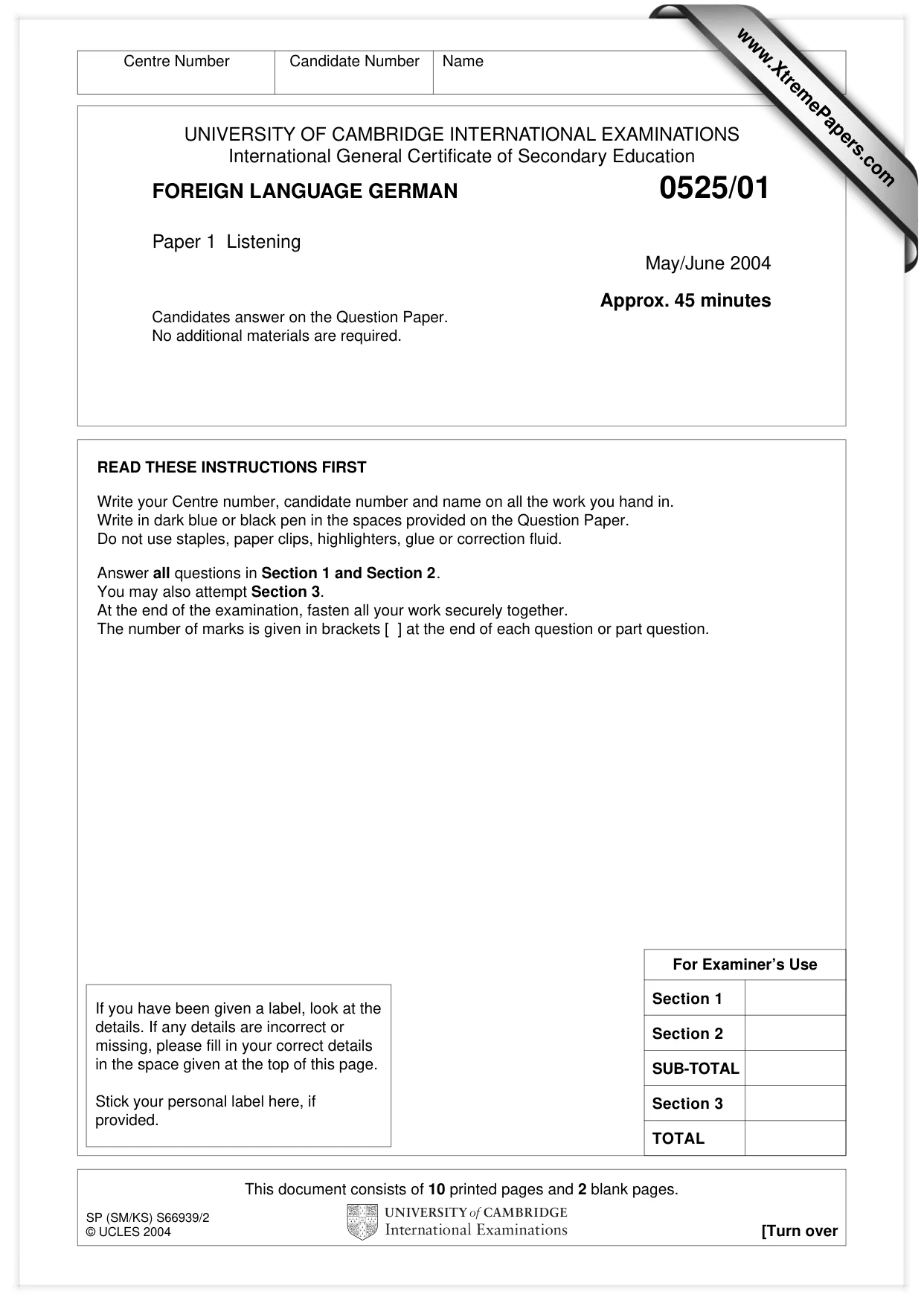 Cambridge IGCSE German - Foreign Language 0525 2004 May/June Paper 1 · Variant 1 question paper, page 1 of 12