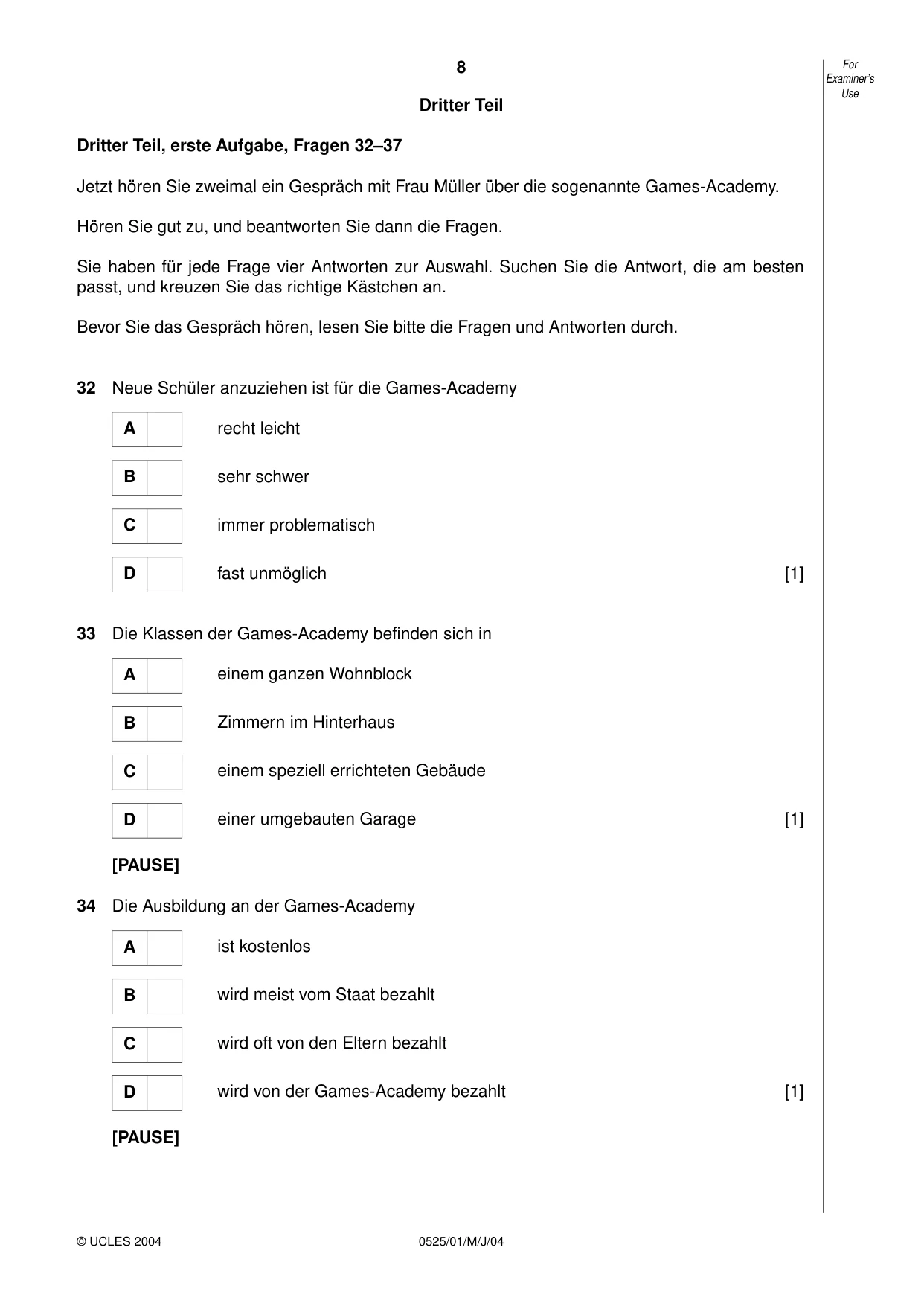 Cambridge IGCSE German - Foreign Language 0525 2004 May/June Paper 1 · Variant 1 question paper, page 8 of 12