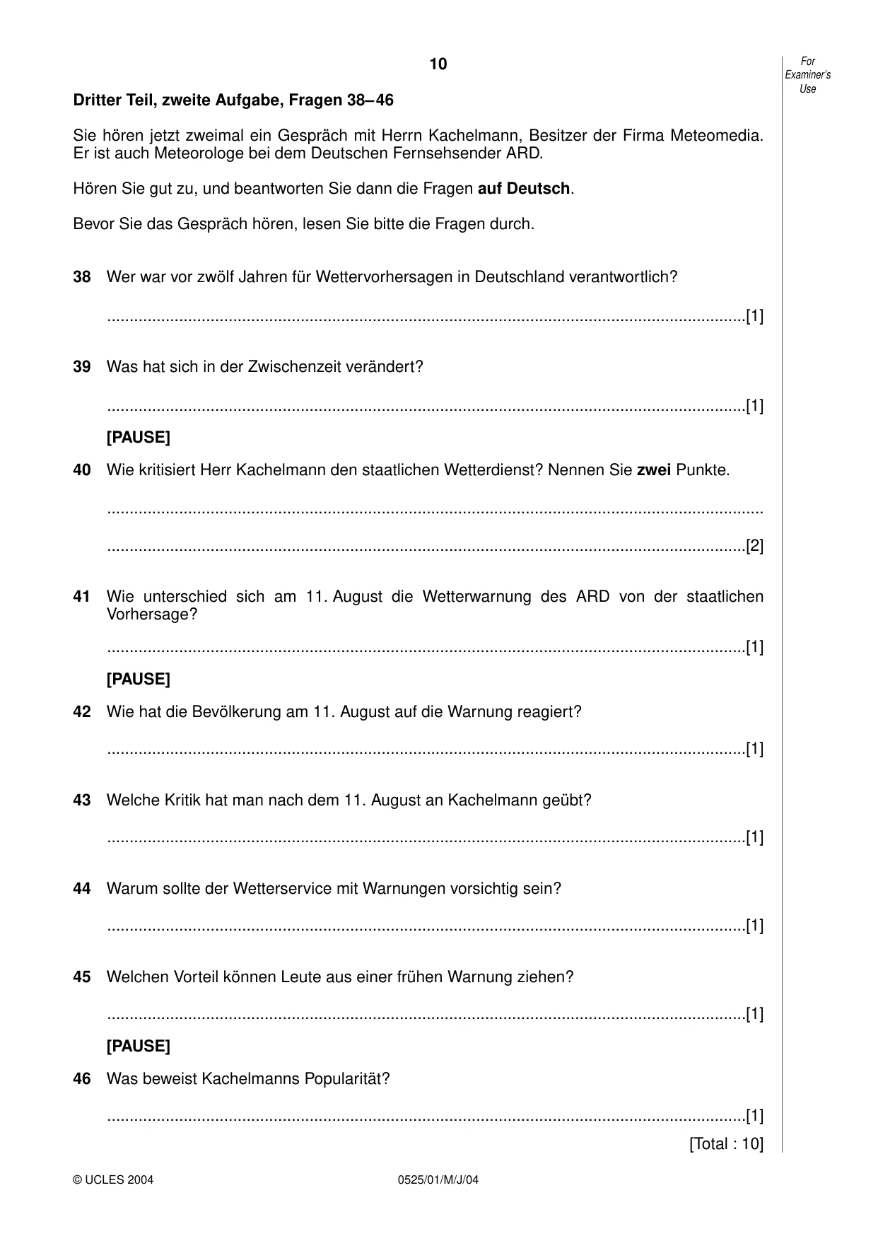 Cambridge IGCSE German - Foreign Language 0525 2004 May/June Paper 1 · Variant 1 question paper, page 10 of 12